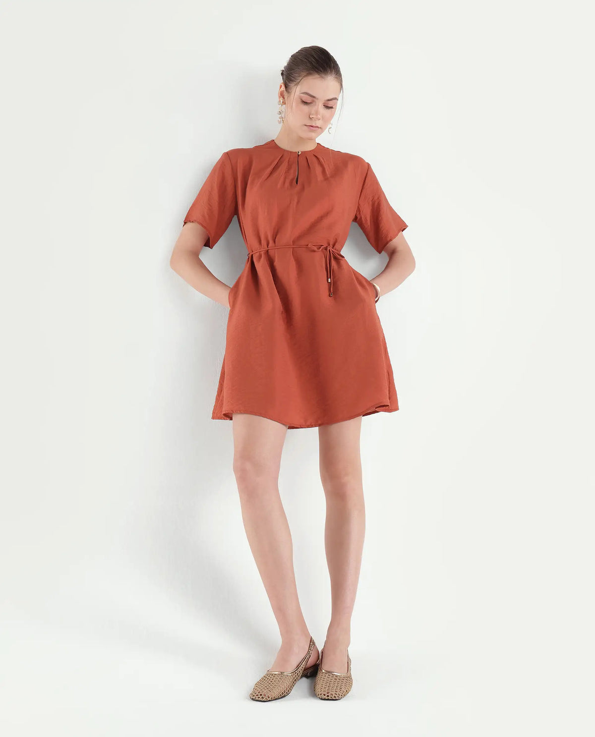 Rareism Women's Spado Primary Rust Viscose Blend Crew Neck A-Line Plain Dress