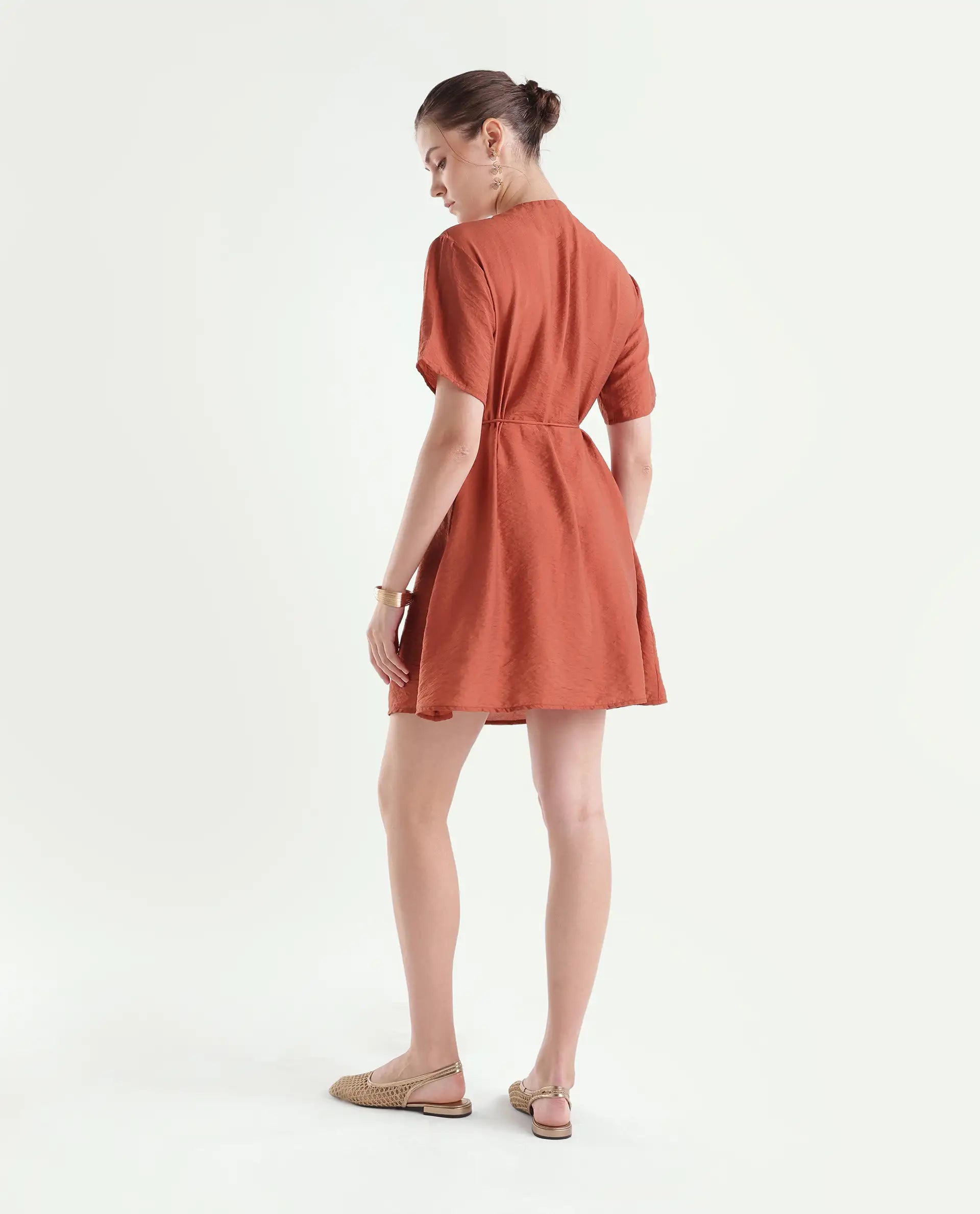 Rareism Women's Spado Primary Rust Viscose Blend Crew Neck A-Line Plain Dress