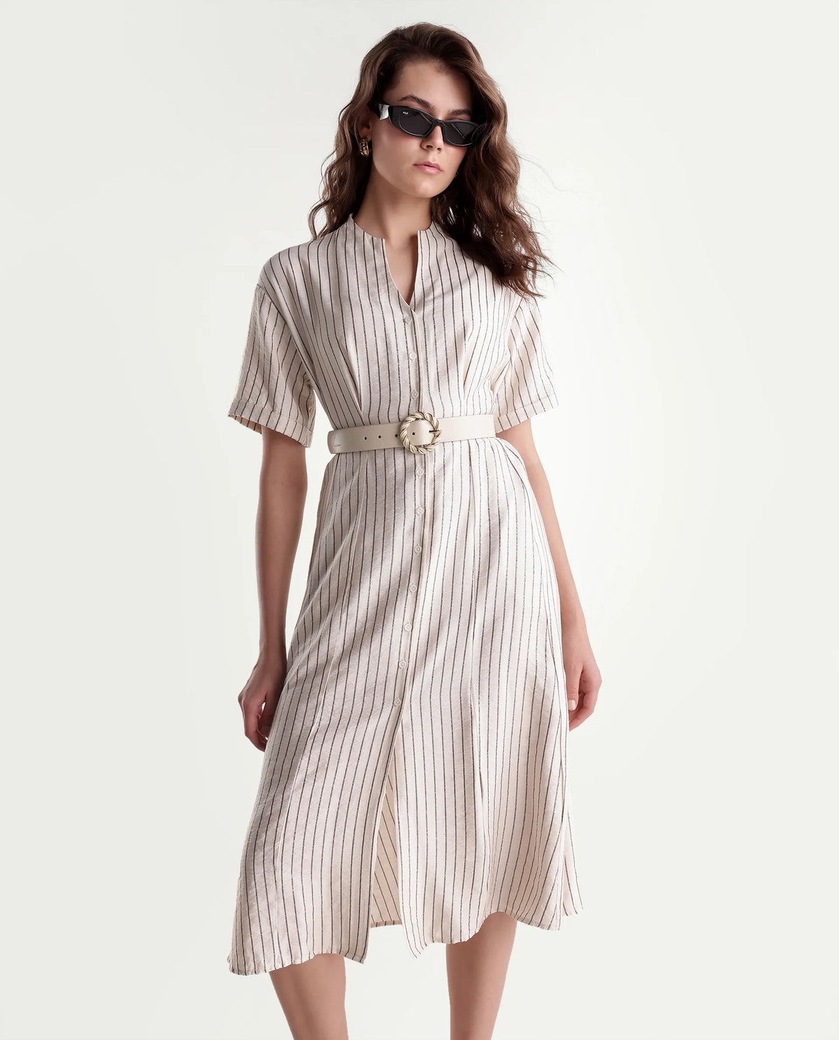Rareism Women's Fisty Primary Beige Viscose Blend V-Neck Fit And Flare Striped Dress