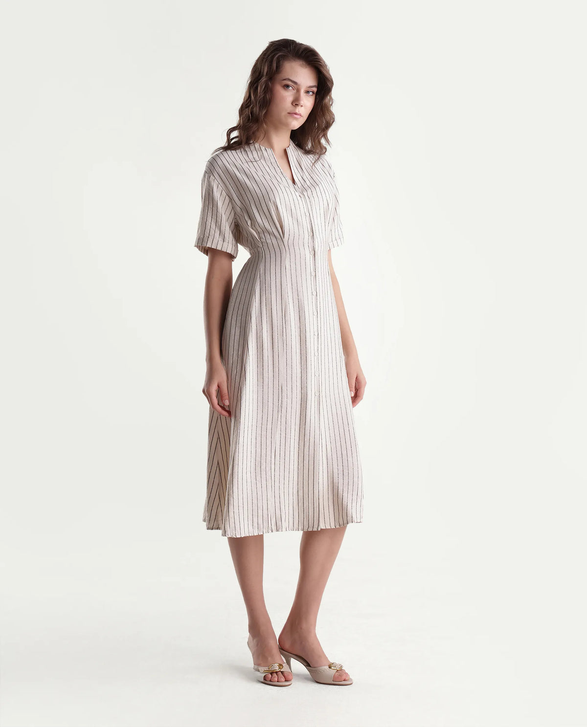 Rareism Women's Fisty Primary Beige Viscose Blend V-Neck Fit And Flare Striped Dress