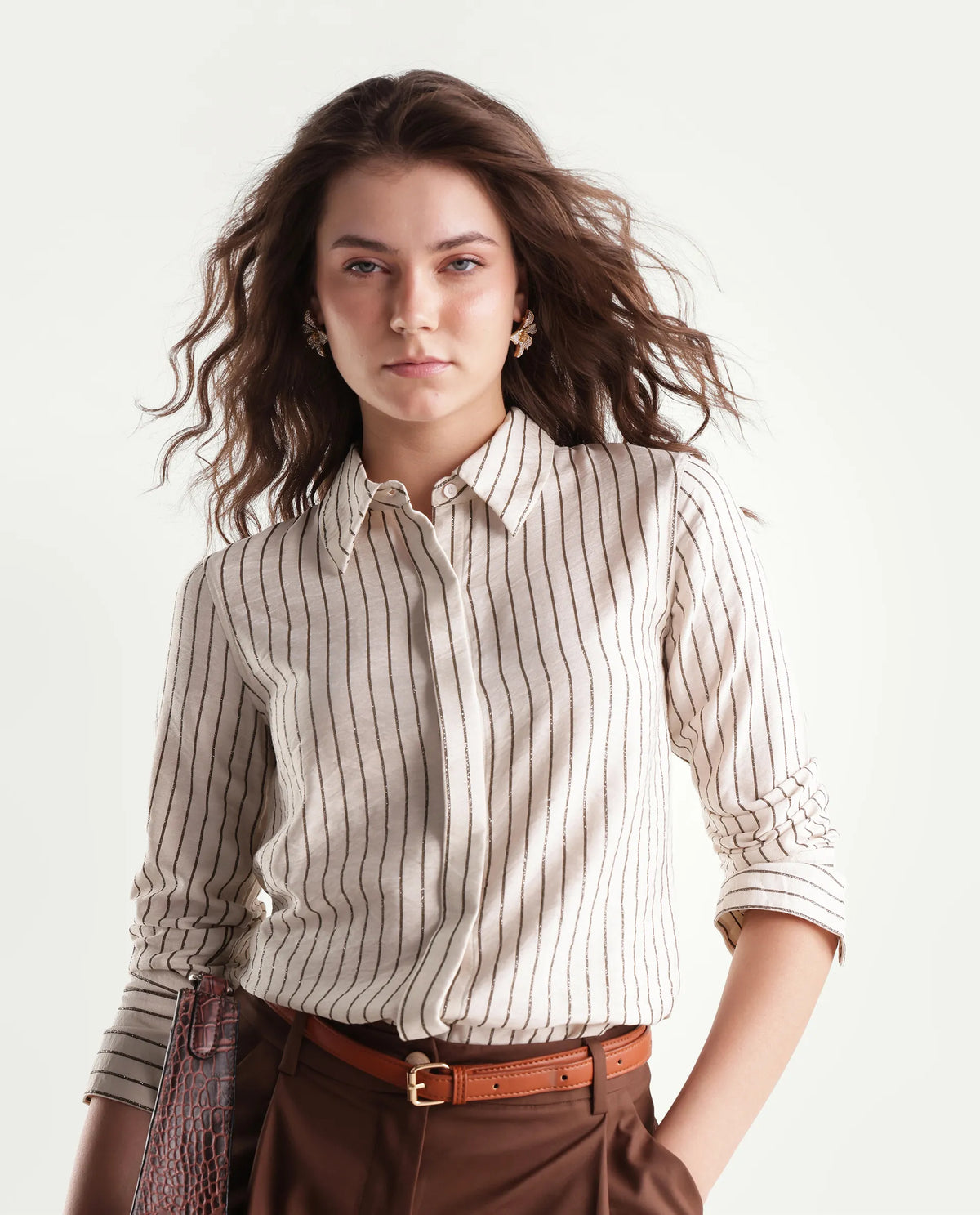 Rareism Women's Fist Primary Beige Viscose Blend Spread Collar Relaxed Striped Shirt