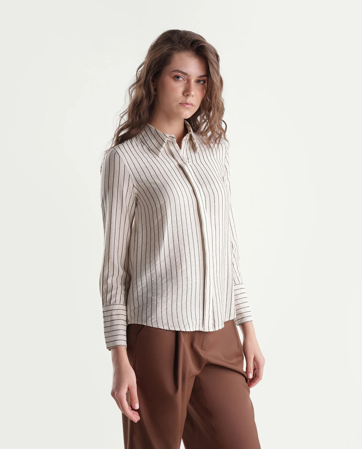 Rareism Women's Fist Primary Beige Viscose Blend Spread Collar Relaxed Striped Shirt