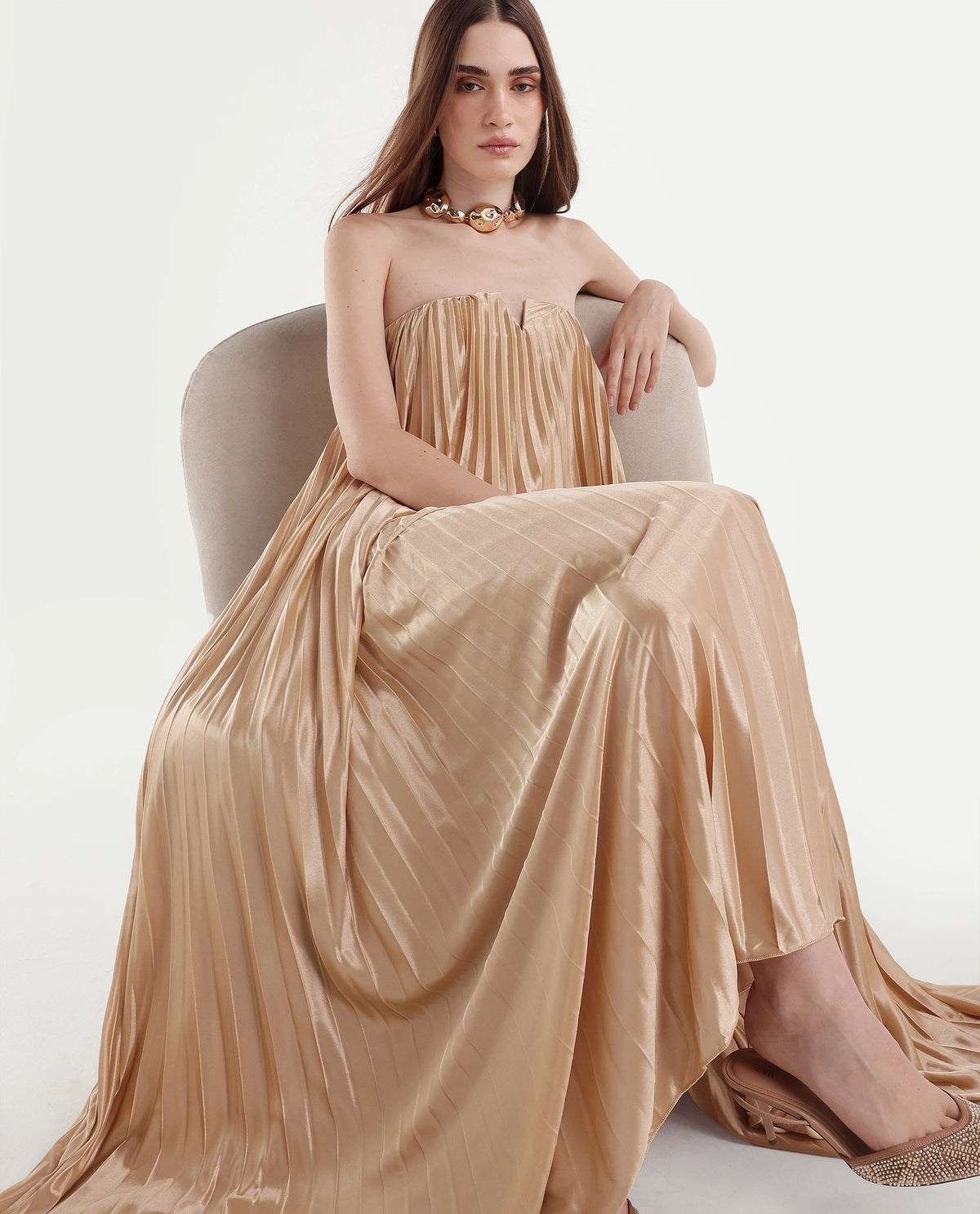 Rareism Women's Pichy Light Gold Polyester Zipper Empire Waist Plain Dress - image 1
