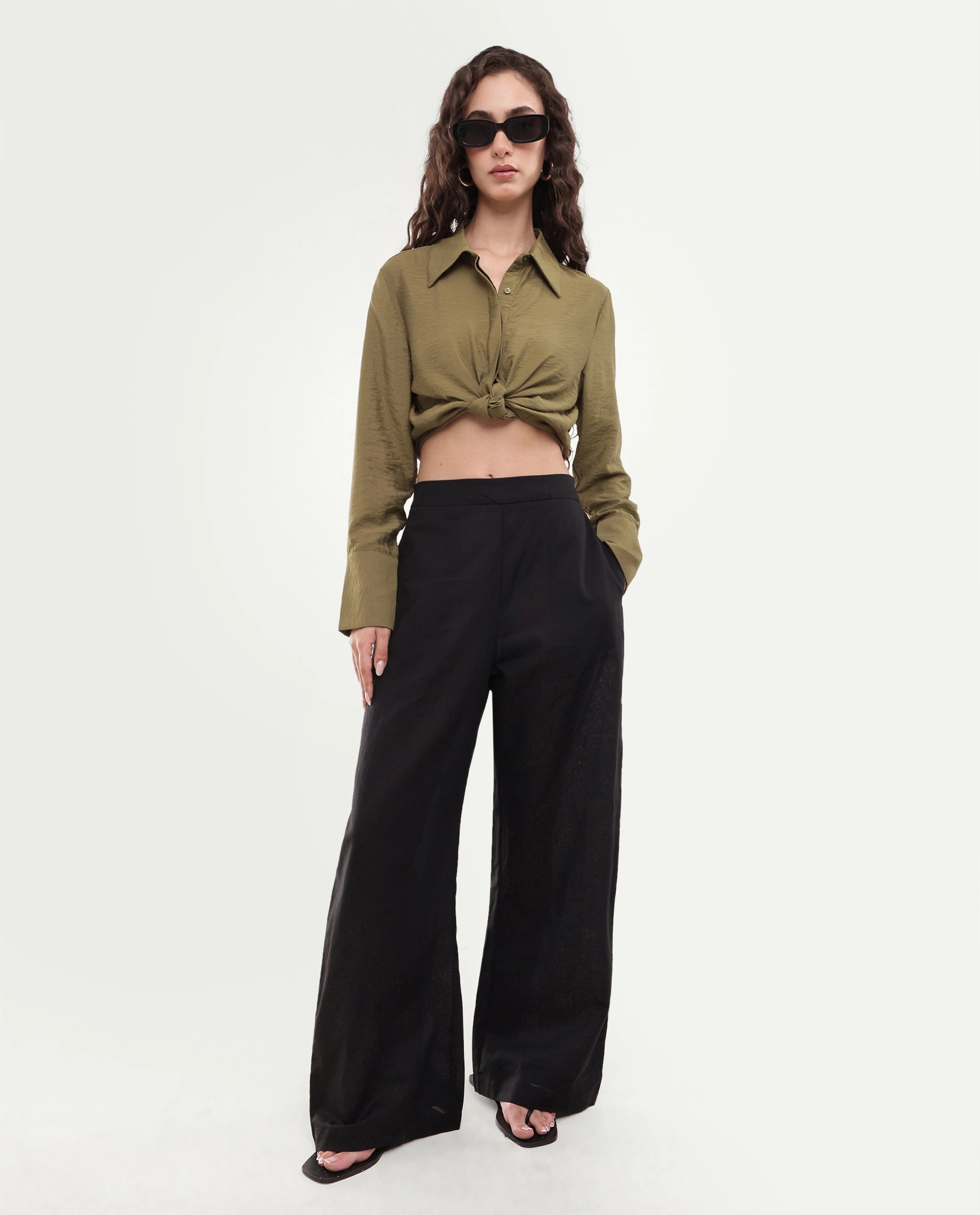 Rareism Women's Mong Black Plain Linen Blend Barrel Regular Trouser