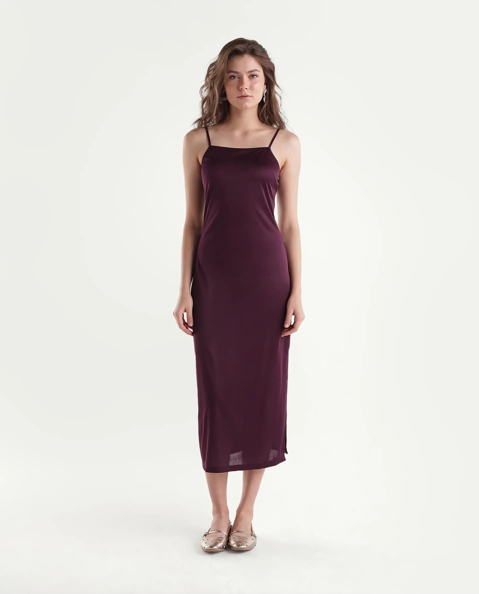 Rareism Women's Xikan Primary Maroon Polyester High Neck Kaftan Plain Dress