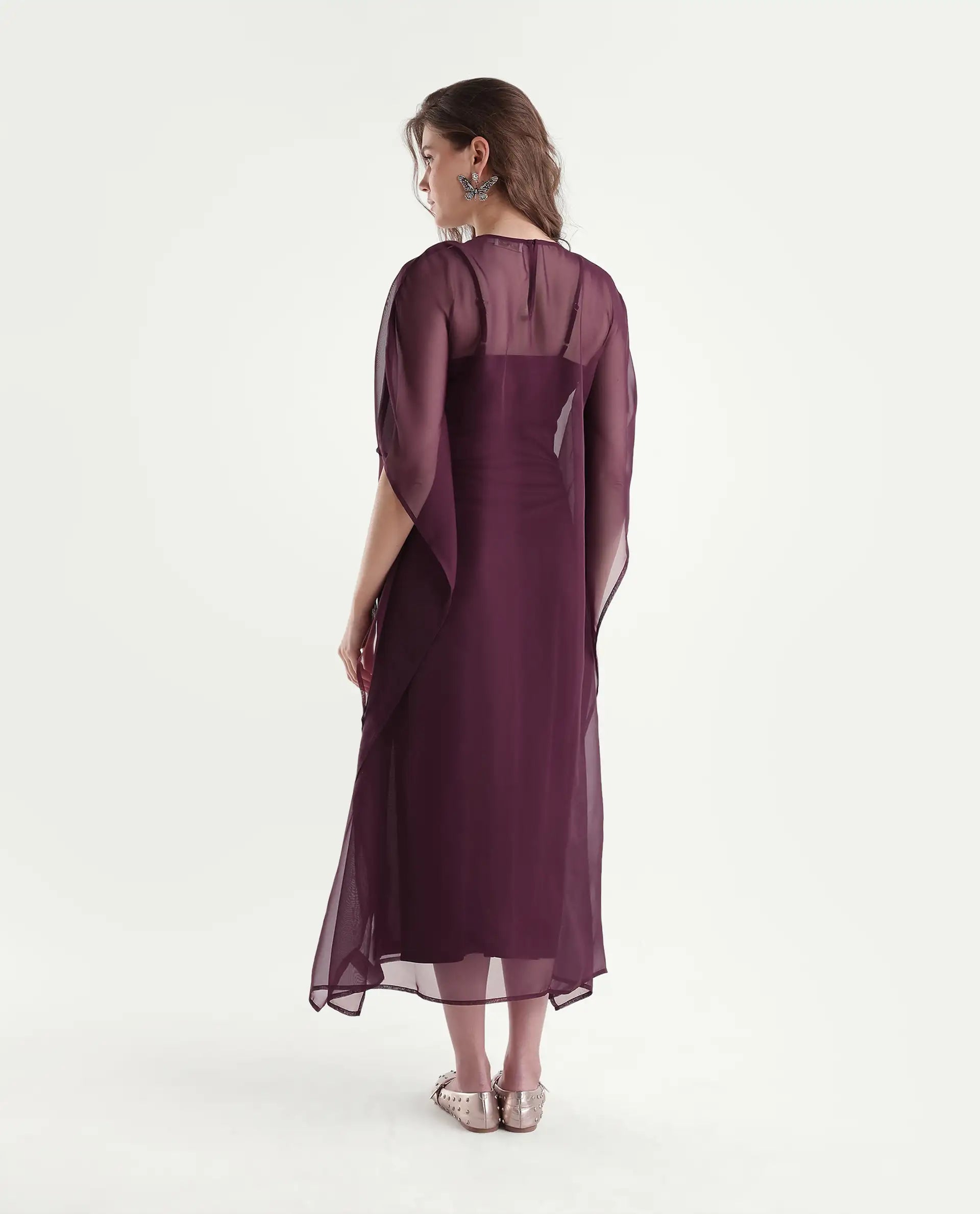 Rareism Women's Xikan Primary Maroon Polyester High Neck Kaftan Plain Dress