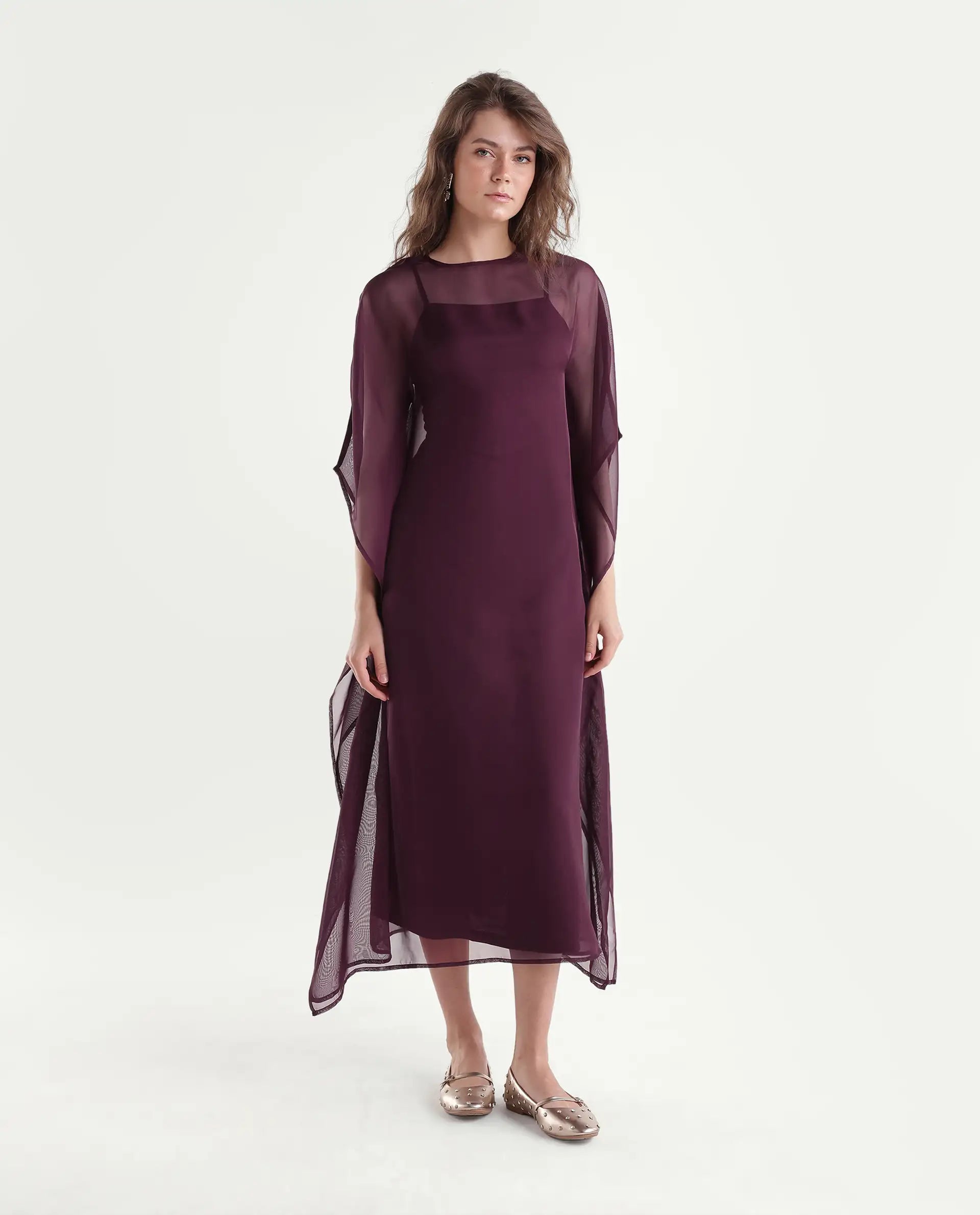 Rareism Women's Xikan Primary Maroon Polyester High Neck Kaftan Plain Dress
