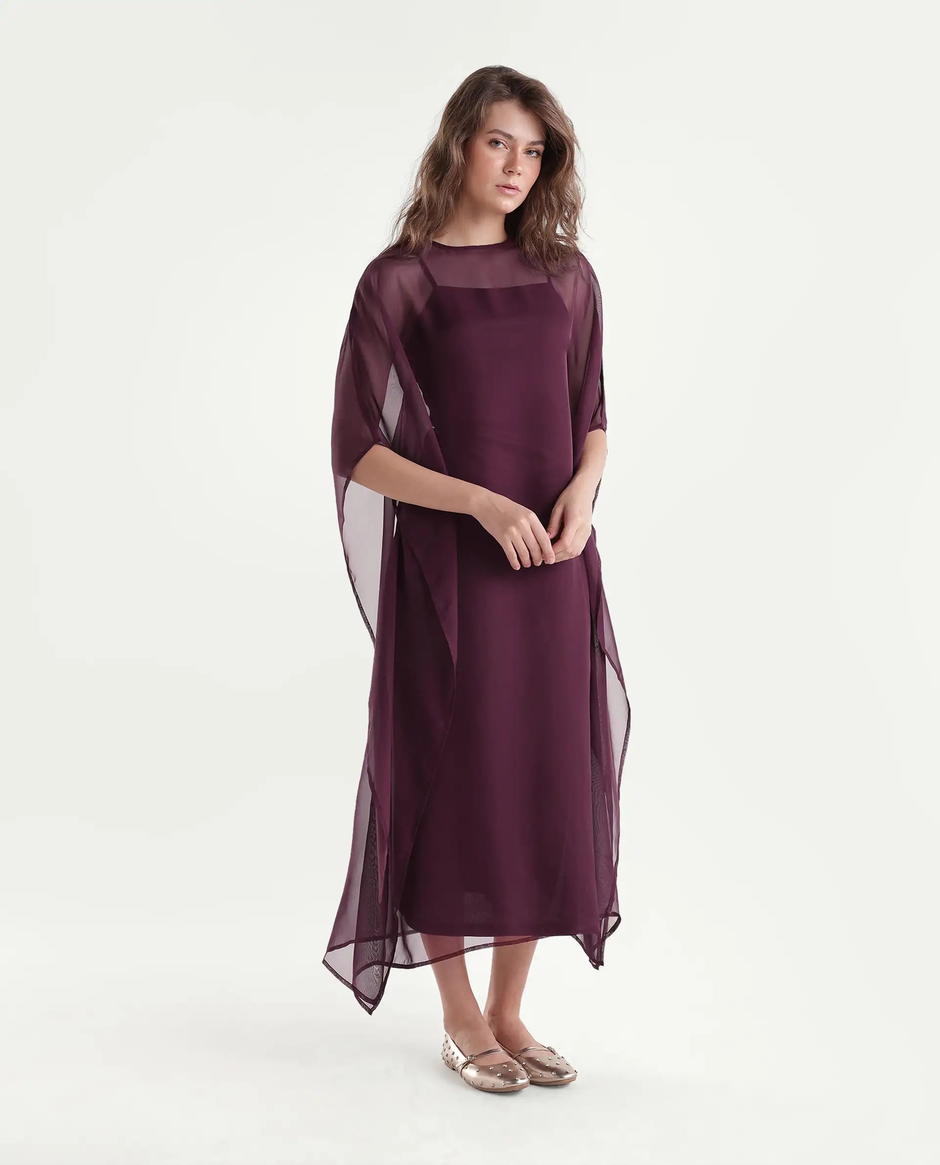 Rareism Women's Xikan Primary Maroon Polyester High Neck Kaftan Plain Dress
