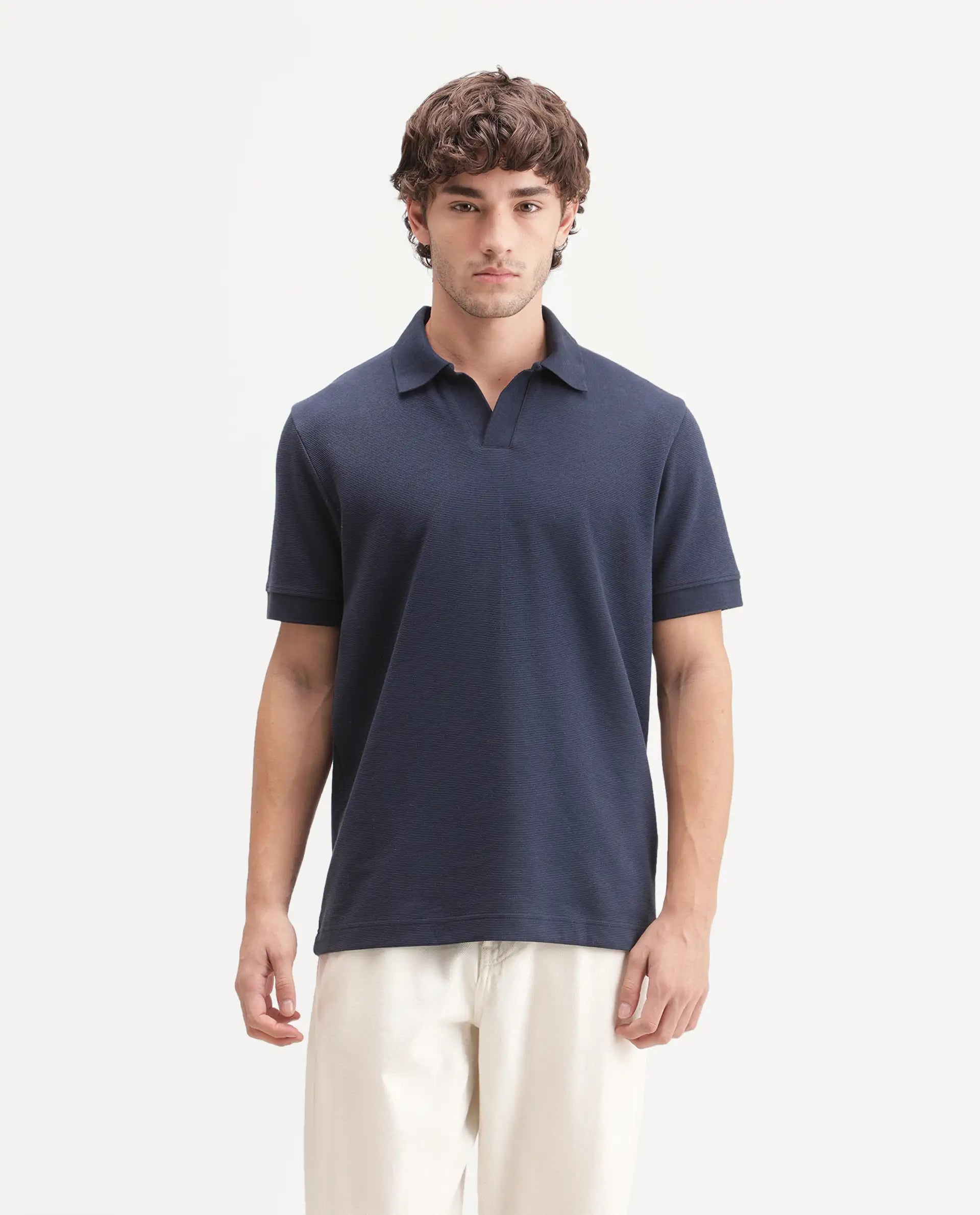 Rare Rabbit Men's Claws Primary Navy Cotton Blend Jonny Collar Regular Plain Polo