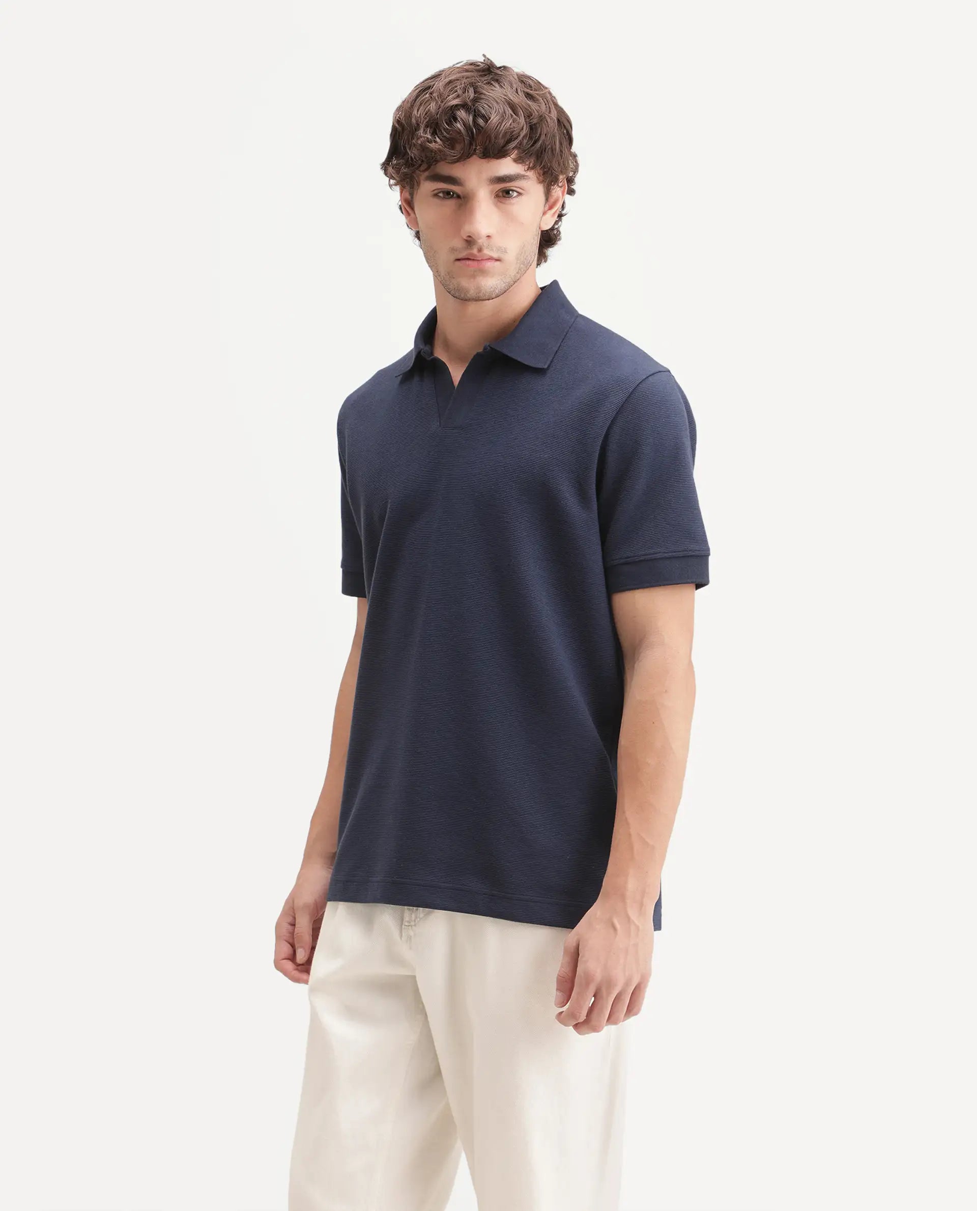 Rare Rabbit Men's Claws Primary Navy Cotton Blend Jonny Collar Regular Plain Polo