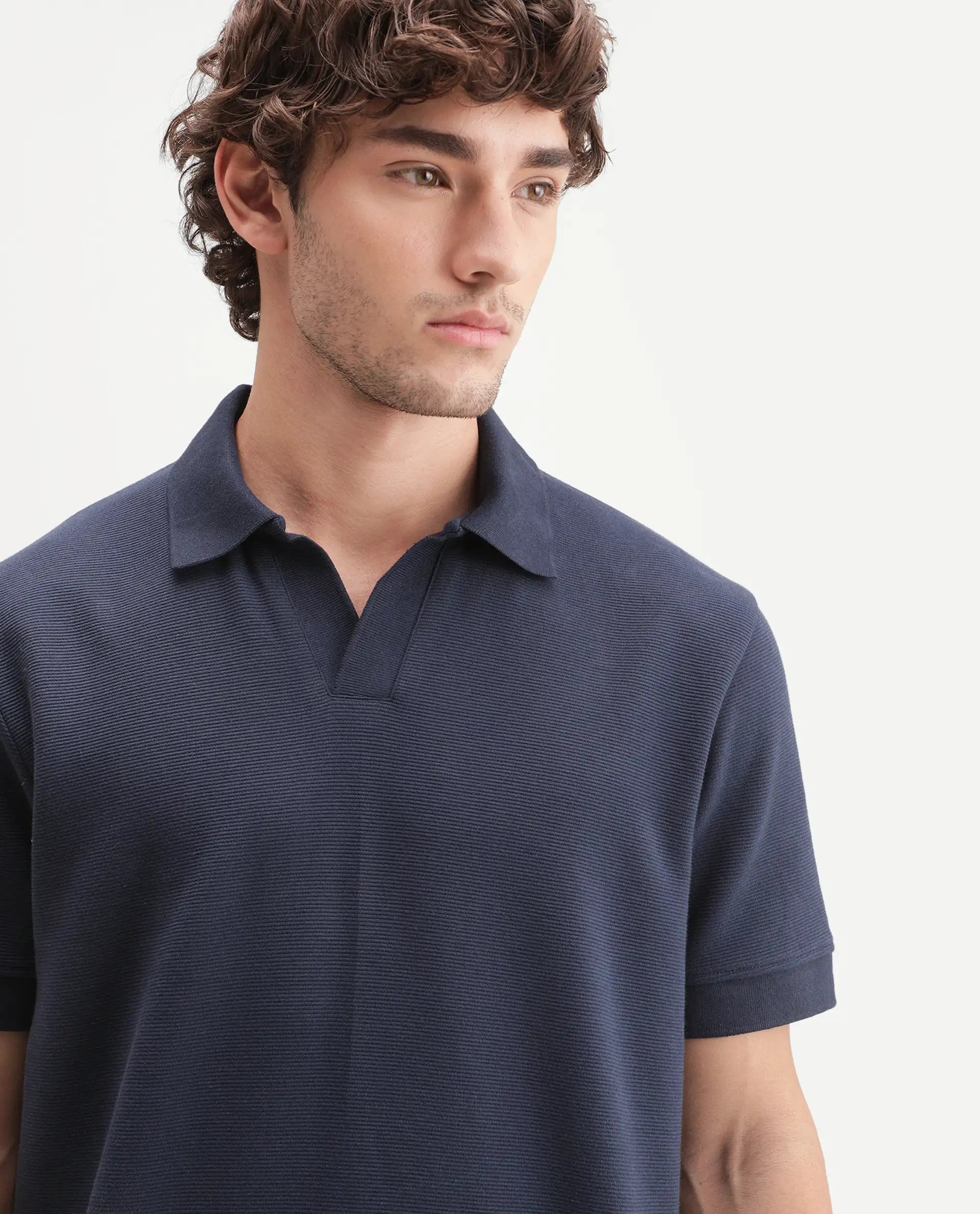 Rare Rabbit Men's Claws Primary Navy Cotton Blend Jonny Collar Regular Plain Polo