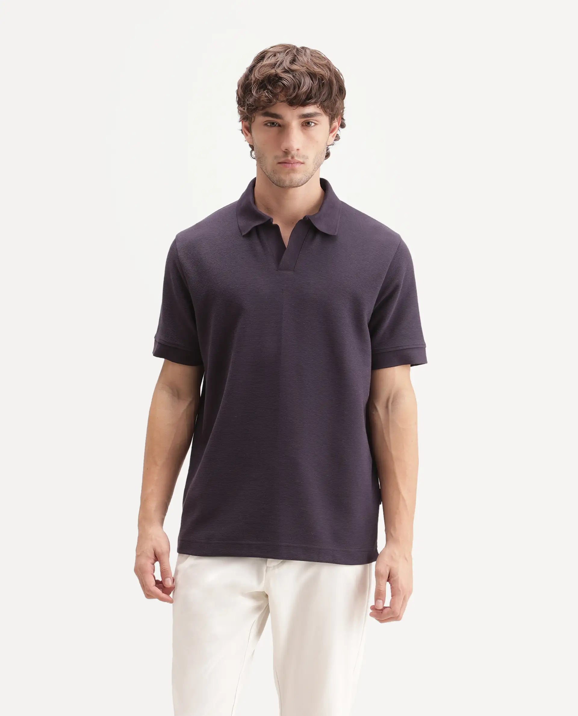 Rare Rabbit Men's Claws Dark Purple Cotton Blend Jonny Collar Regular Plain Polo
