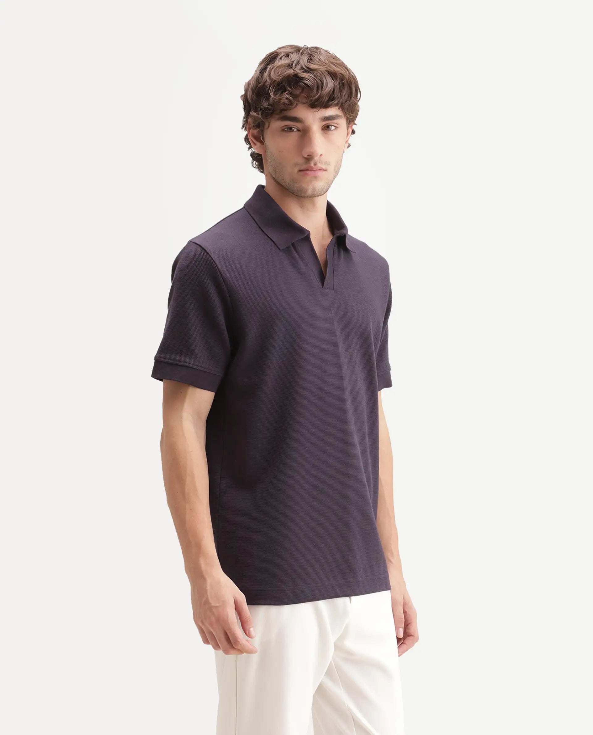 Rare Rabbit Men's Claws Dark Purple Cotton Blend Jonny Collar Regular Plain Polo