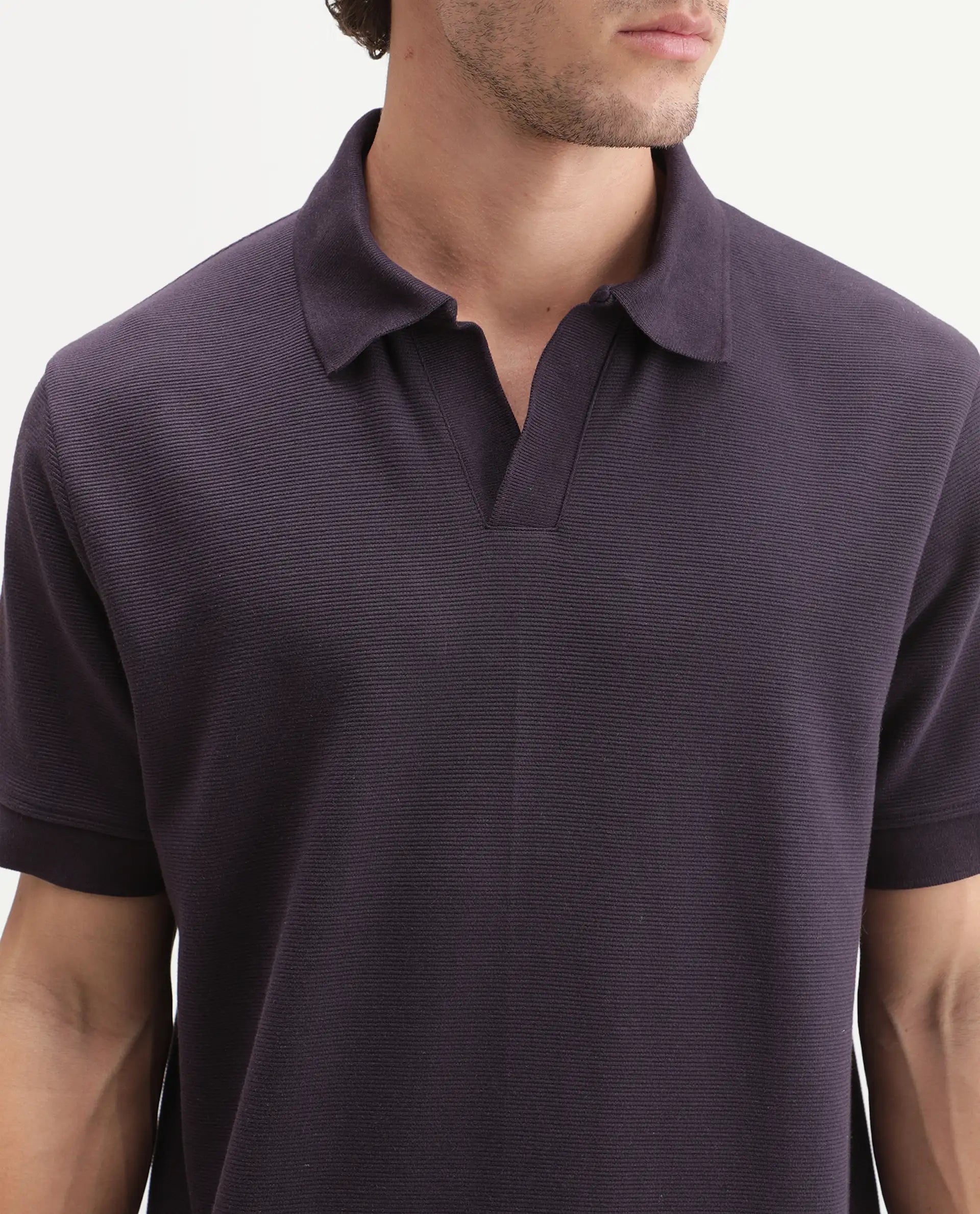 Rare Rabbit Men's Claws Dark Purple Cotton Blend Jonny Collar Regular Plain Polo