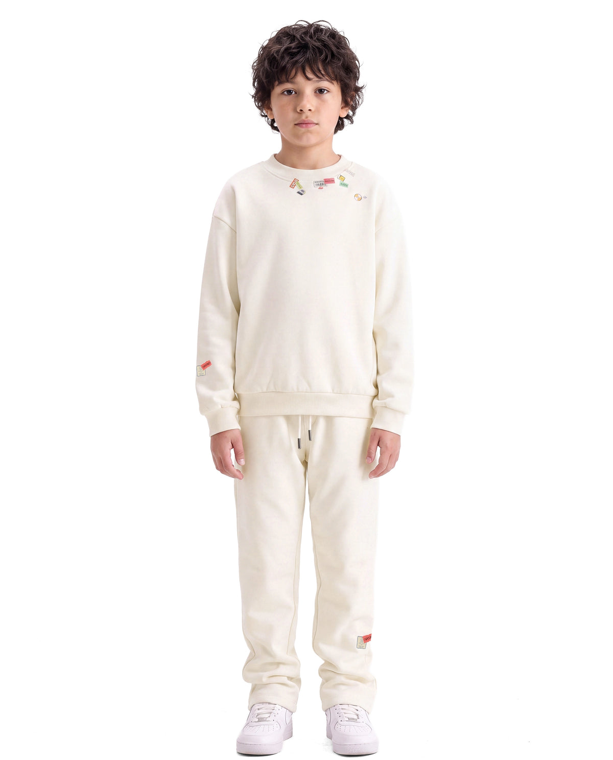 Rare Ones Kids Silo-B Off White Cotton Blend Fabric Drawstring Closure Jogger Fit Sticker Print Track Pant