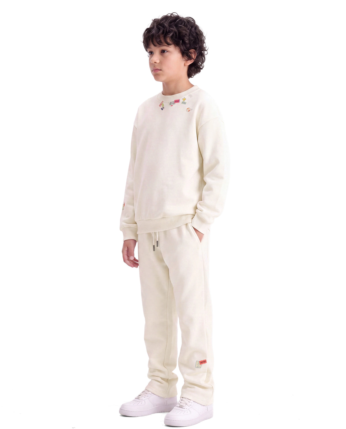 Rare Ones Kids Silo-B Off White Cotton Blend Fabric Drawstring Closure Jogger Fit Sticker Print Track Pant