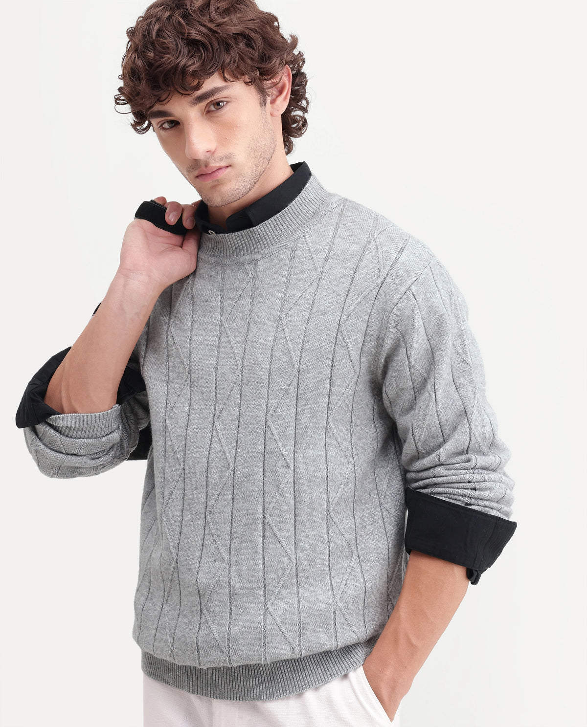 Rare Rabbit Men Byro Dusky Grey Acrylic Blend Crew Neck Plain Regular Textured Sweater