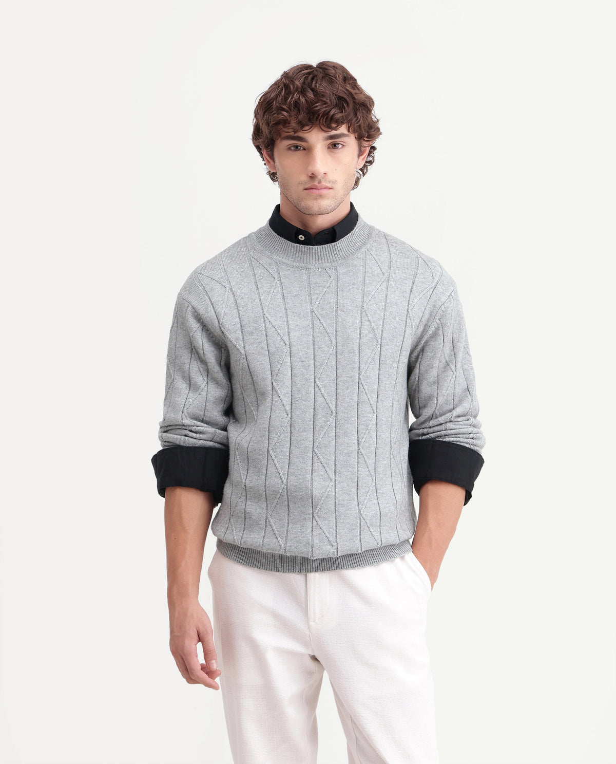 Rare Rabbit Men Byro Dusky Grey Acrylic Blend Crew Neck Plain Regular Textured Sweater