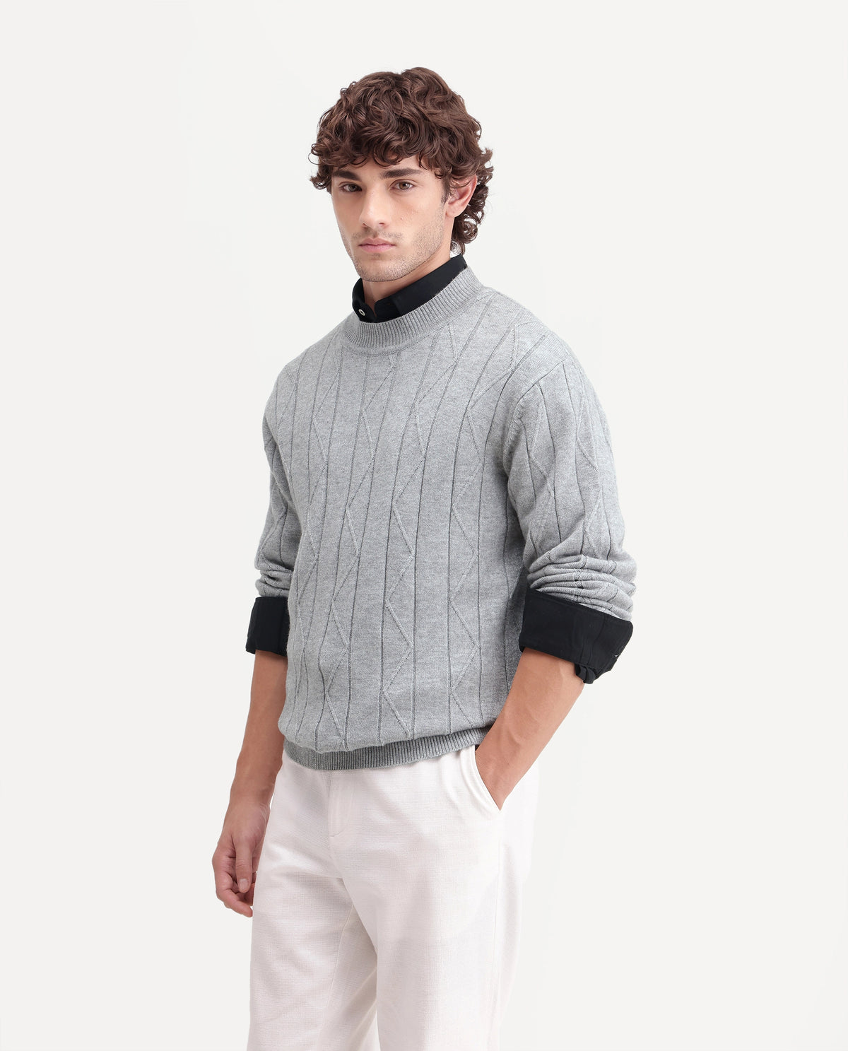 Rare Rabbit Men Byro Dusky Grey Acrylic Blend Crew Neck Plain Regular Textured Sweater