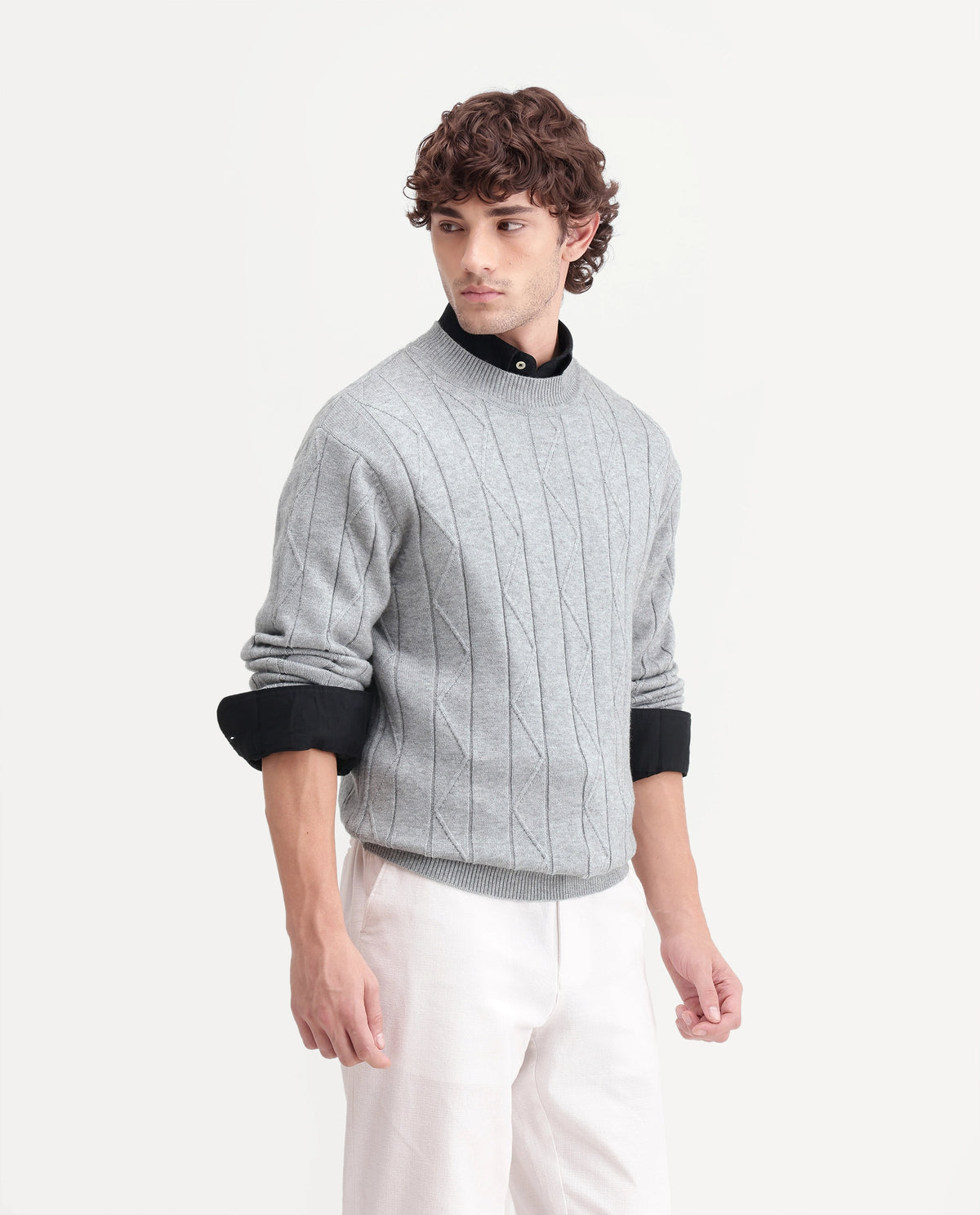 Rare Rabbit Men Byro Dusky Grey Acrylic Blend Crew Neck Plain Regular Textured Sweater