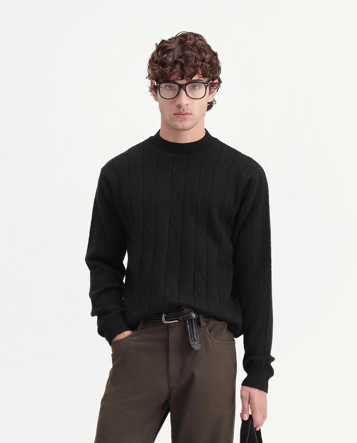 Rare Rabbit Men Byro Primary Black Acrylic Blend Crew Neck Plain Textured Sweater