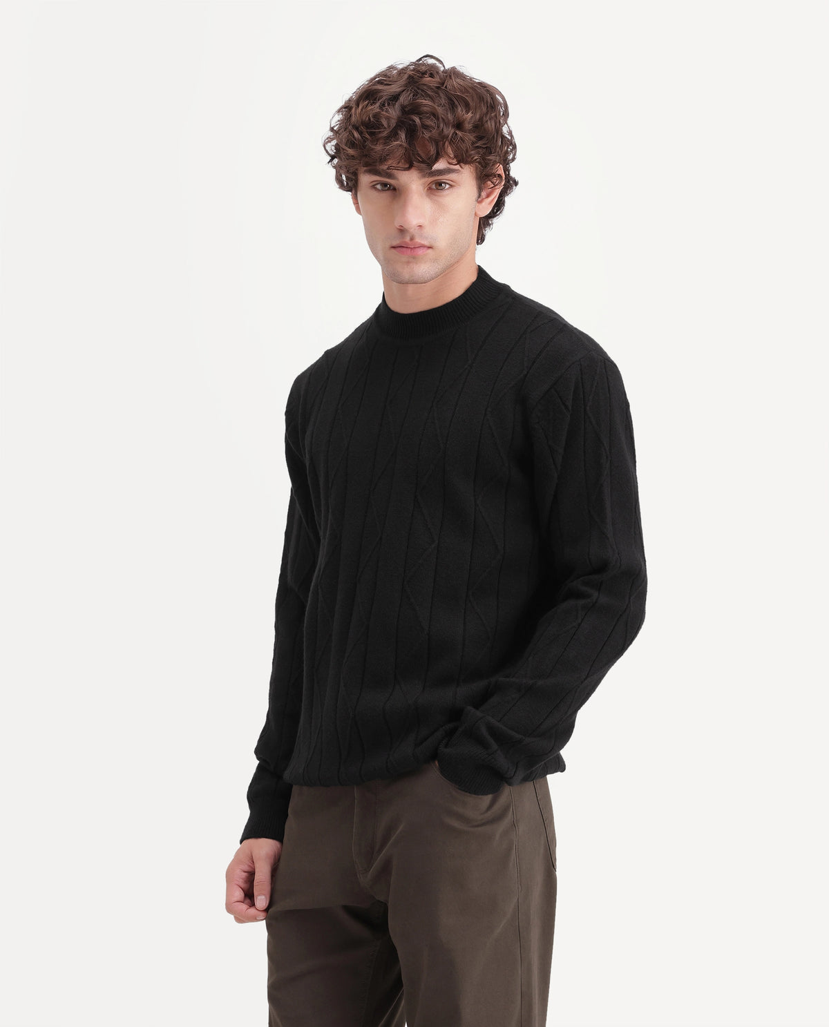 Rare Rabbit Men Byro Primary Black Acrylic Blend Crew Neck Plain Textured Sweater