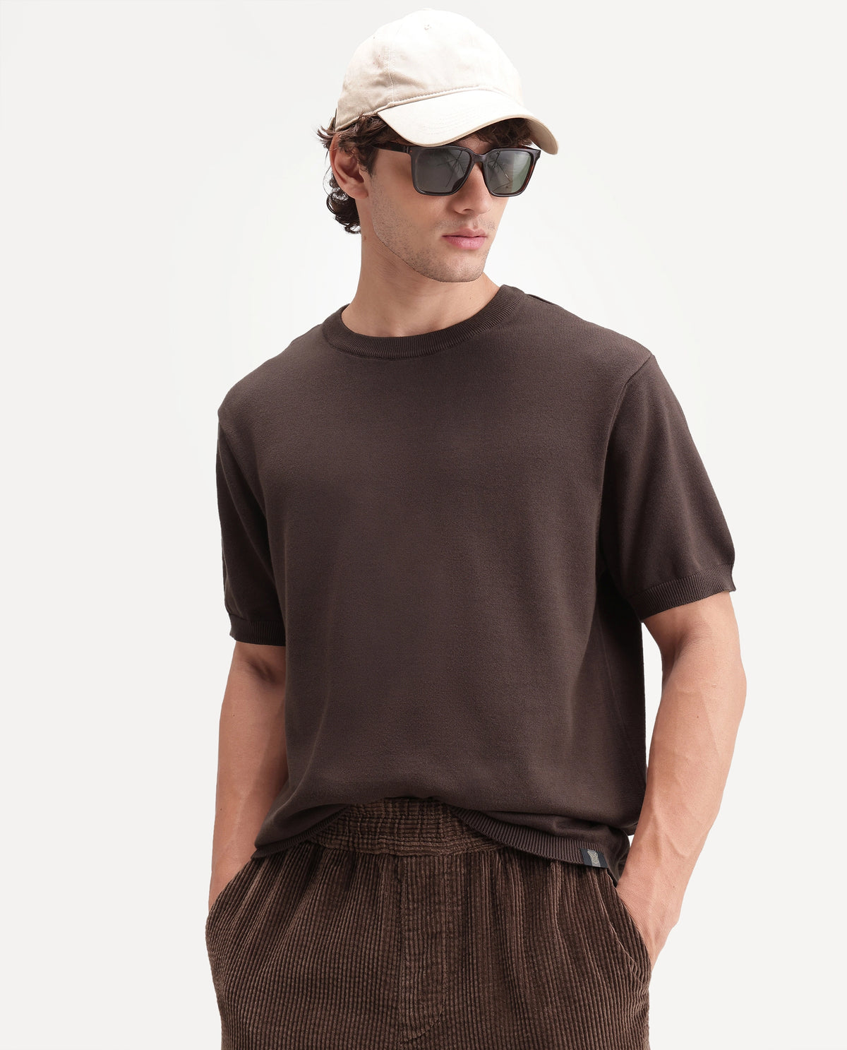 Rare Rabbit Men's Erter Dark Brown Cotton Crew Neck Regular Plain T-Shirt