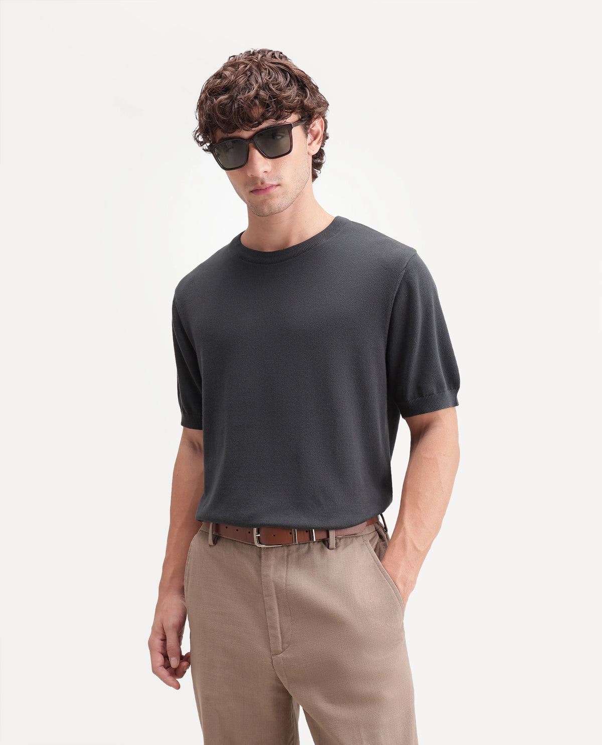 Rare Rabbit Men's Erter Grey Cotton Crew Neck Regular Plain T-Shirt