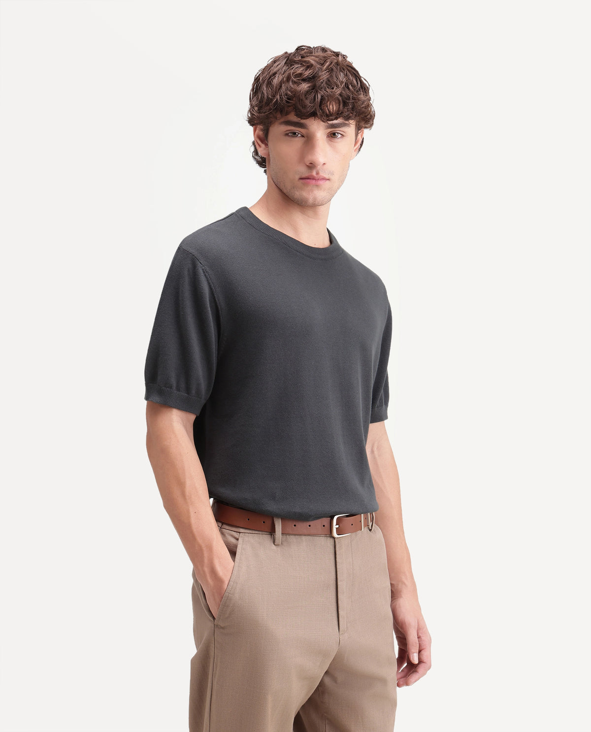 Rare Rabbit Men's Erter Grey Cotton Crew Neck Regular Plain T-Shirt