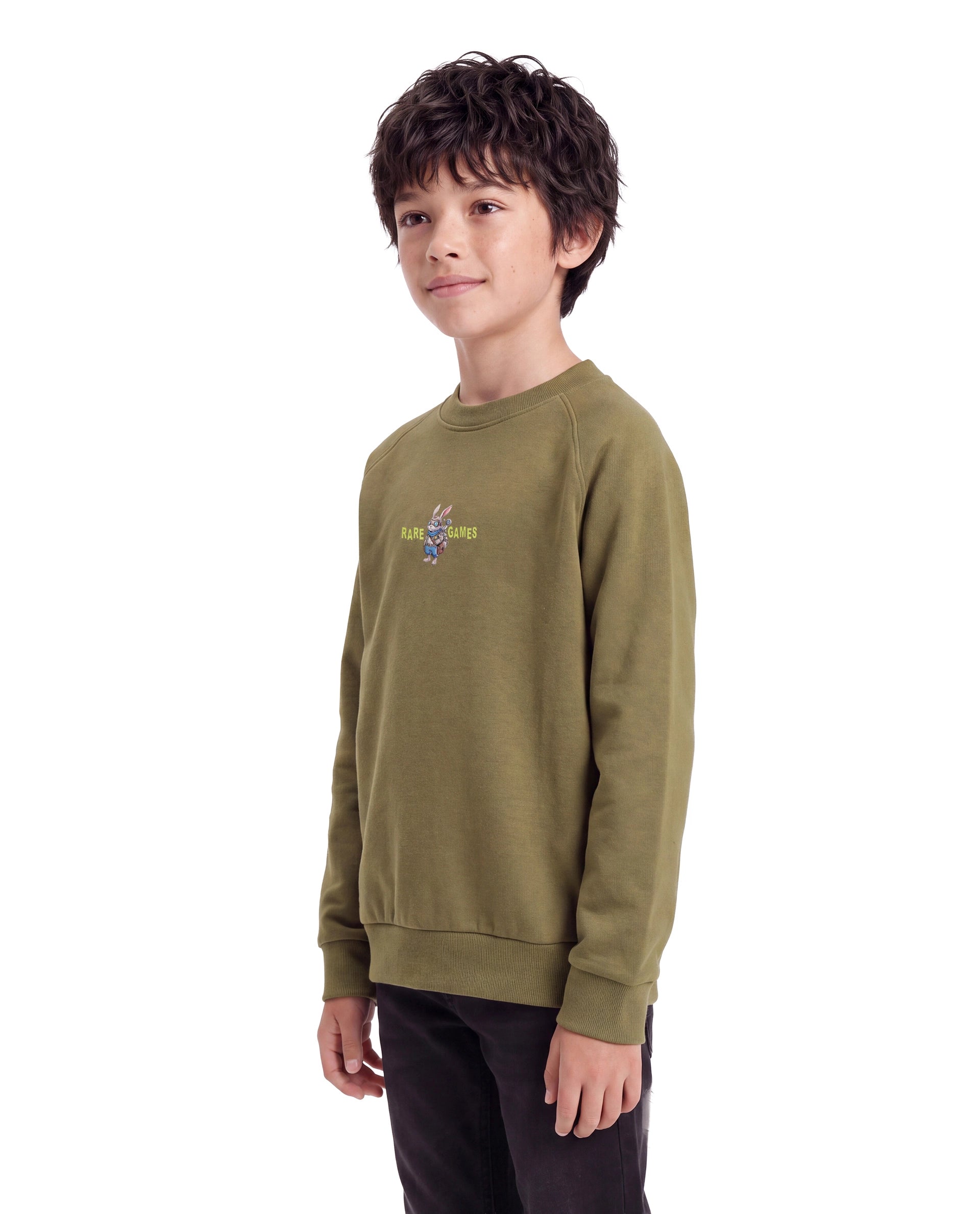 Rare Ones Kids Consi Olive Cotton Blend Fabric Crew Neck Pull-On Closure Regular Fit Digital Print Sweatshirt