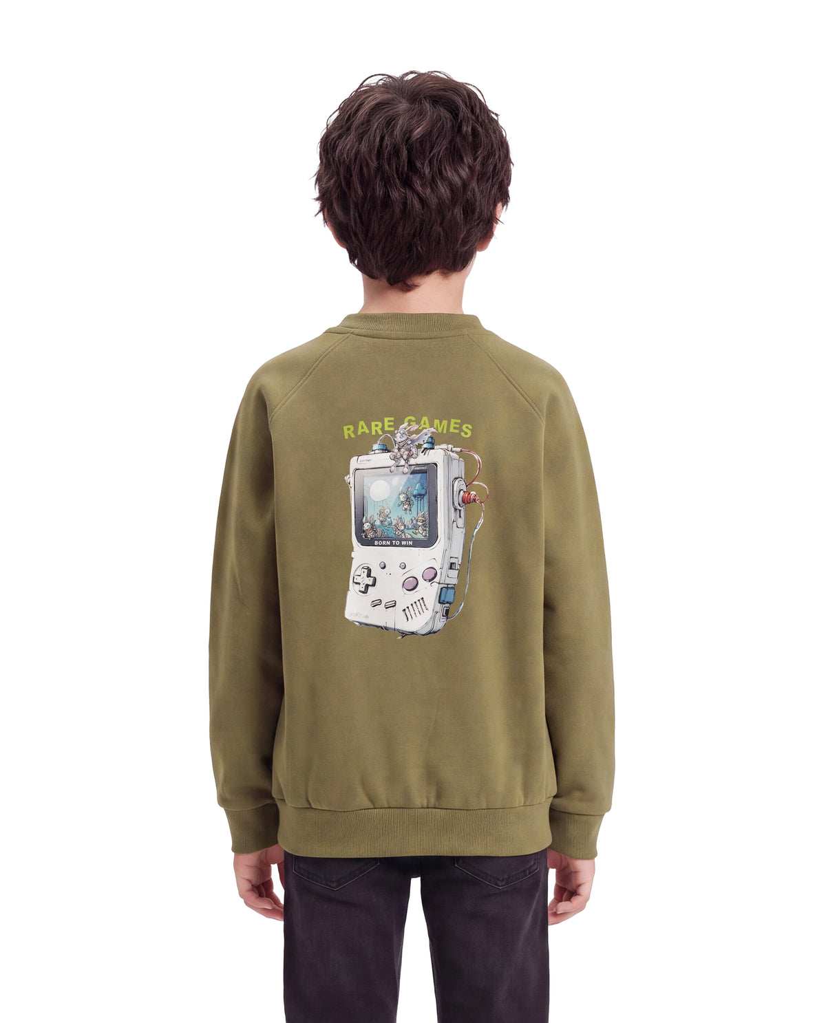 Rare Ones Kids Consi Olive Cotton Blend Fabric Crew Neck Pull-On Closure Regular Fit Digital Print Sweatshirt