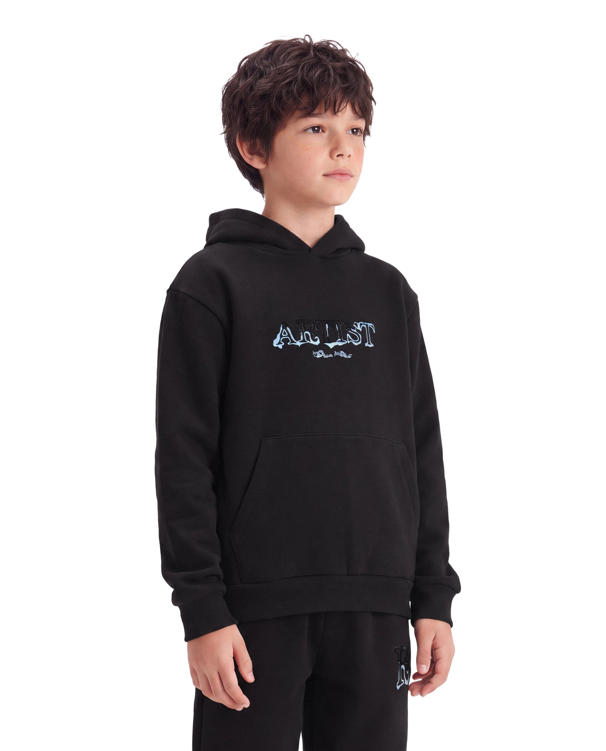 Rare Ones Kids Blane Black Cotton Blend Fabric Hooded Pull-On Closure Oversized Fit Flock Print Sweatshirt