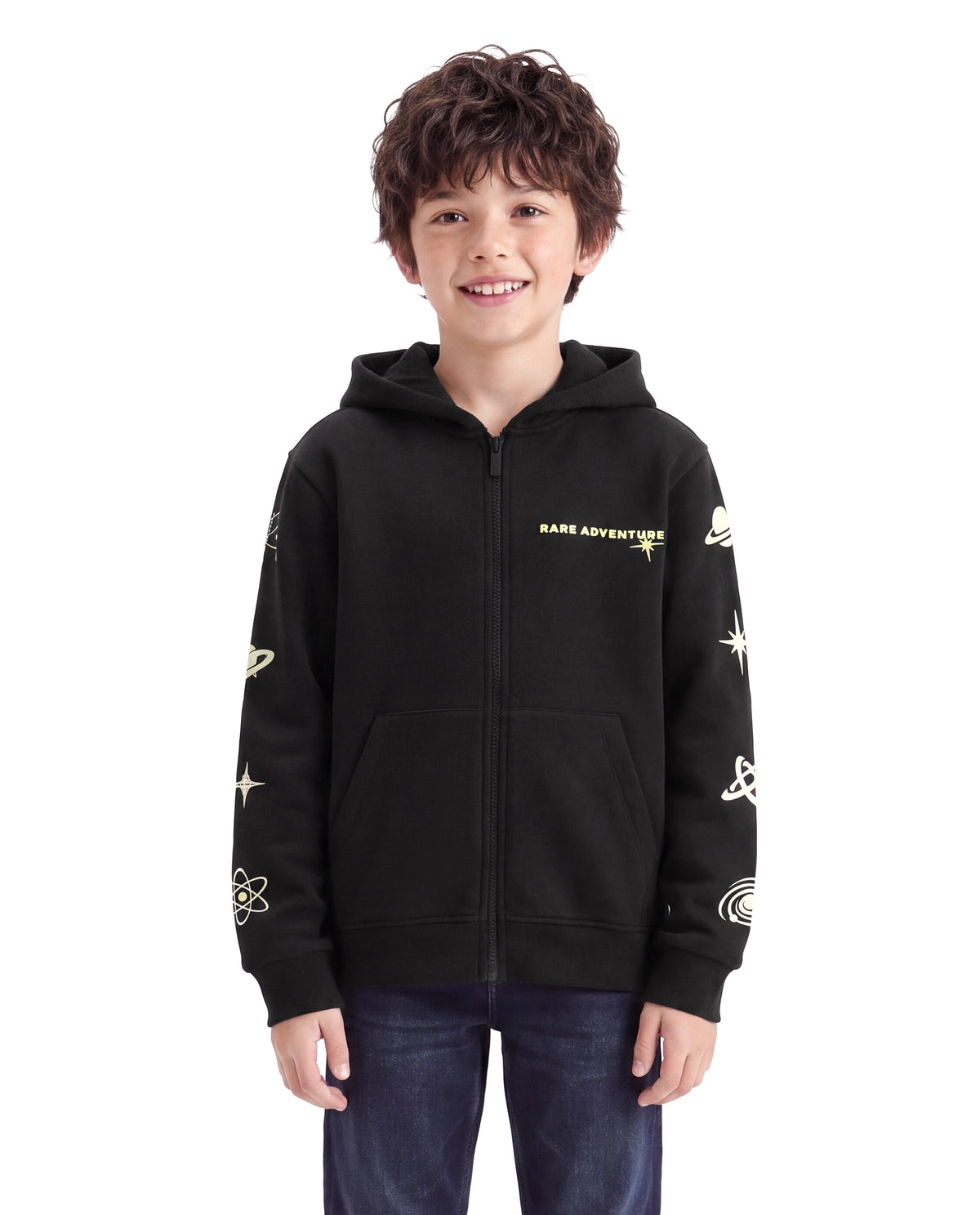 Rare Ones Kids Mars Black Cotton Blend Fabric Hooded Zipper Closure Regular Fit Printed Sweatshirt