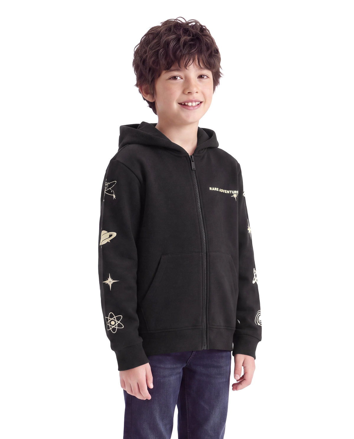 Rare Ones Kids Mars Black Cotton Blend Fabric Hooded Zipper Closure Regular Fit Printed Sweatshirt