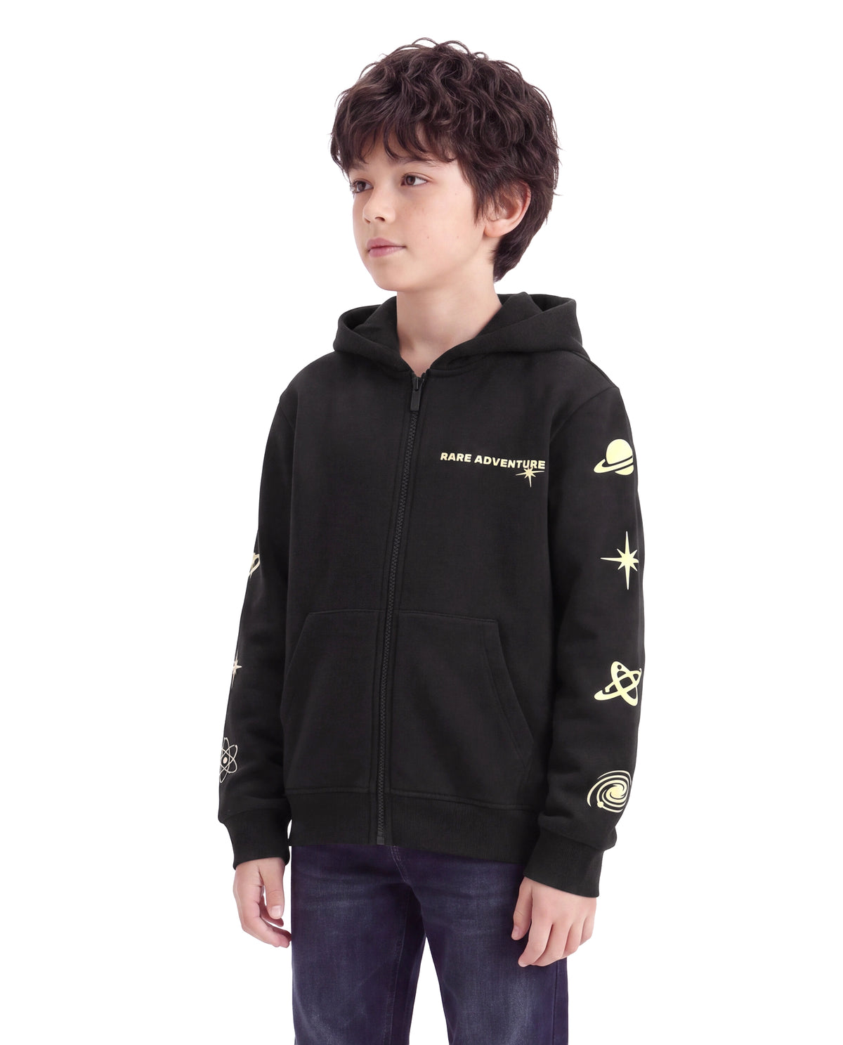 Rare Ones Kids Mars Black Cotton Blend Fabric Hooded Zipper Closure Regular Fit Printed Sweatshirt