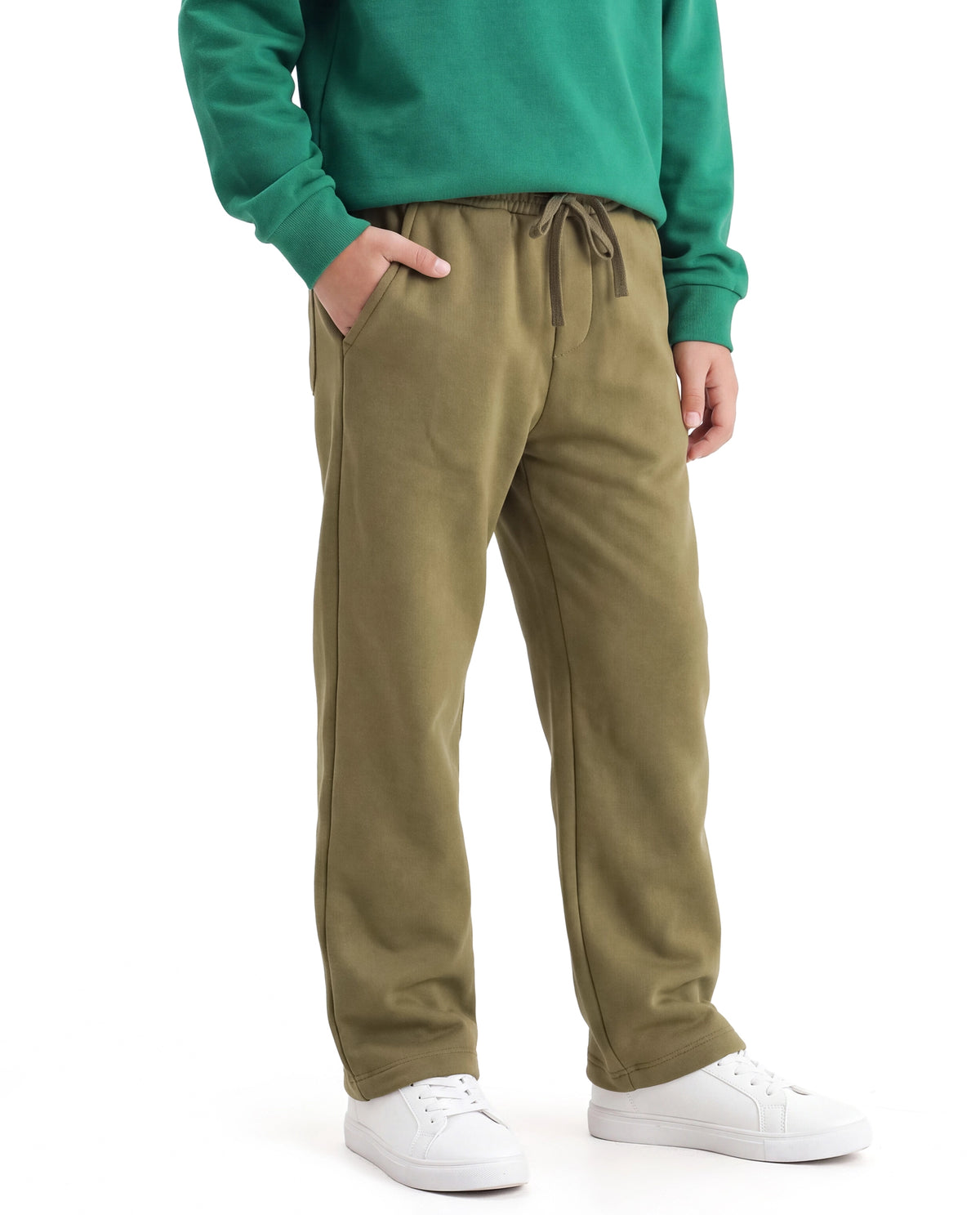 Rare Ones Kids Consi-B Olive Cotton Blend Fabric Drawstring Closure Straight Fit Plain Track Pant