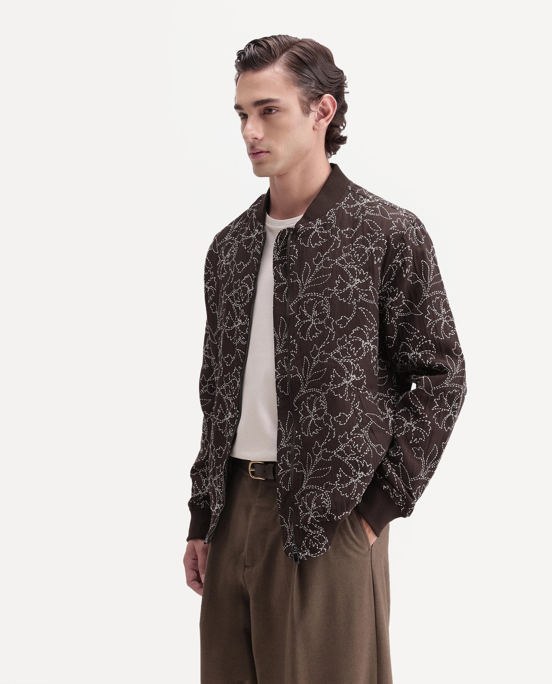 Rare Rabbit Men's Keno Dark Brown Cotton Crew Neck Regular Floral Print JACKET