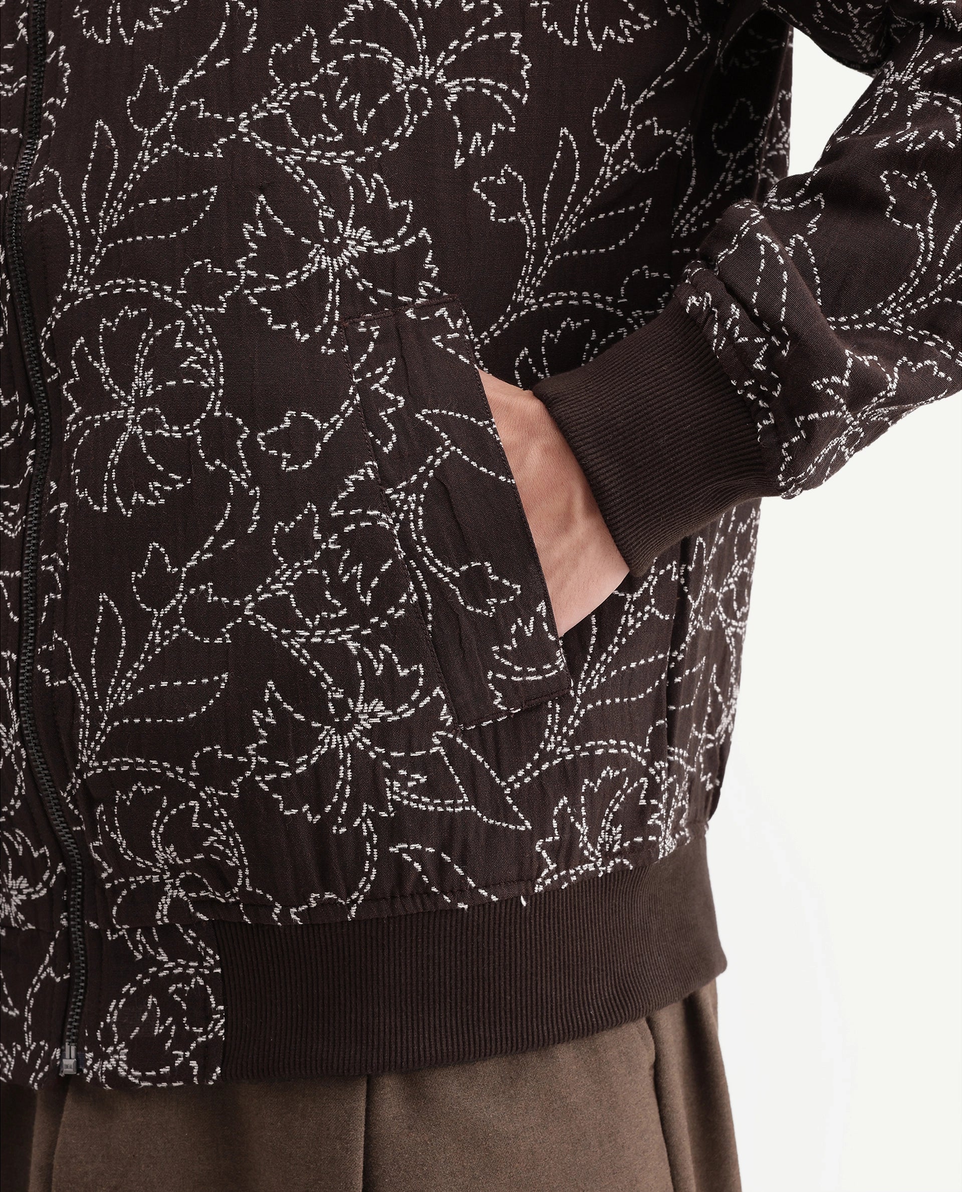 Rare Rabbit Men's Keno Dark Brown Cotton Crew Neck Regular Floral Print JACKET