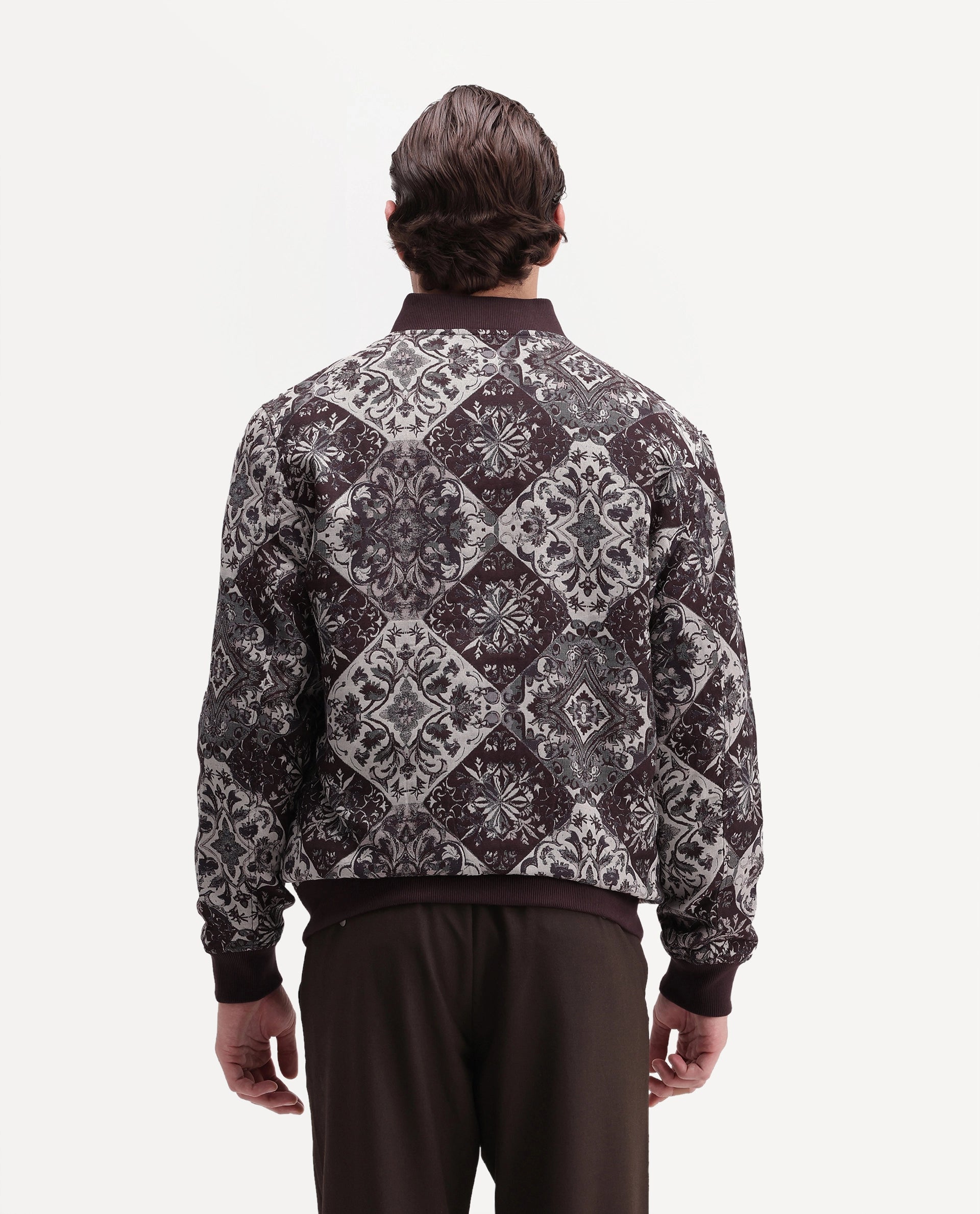 Rare Rabbit Men's Eros Maroon Cotton Blend Stand Collar Regular Jacquard Jacket