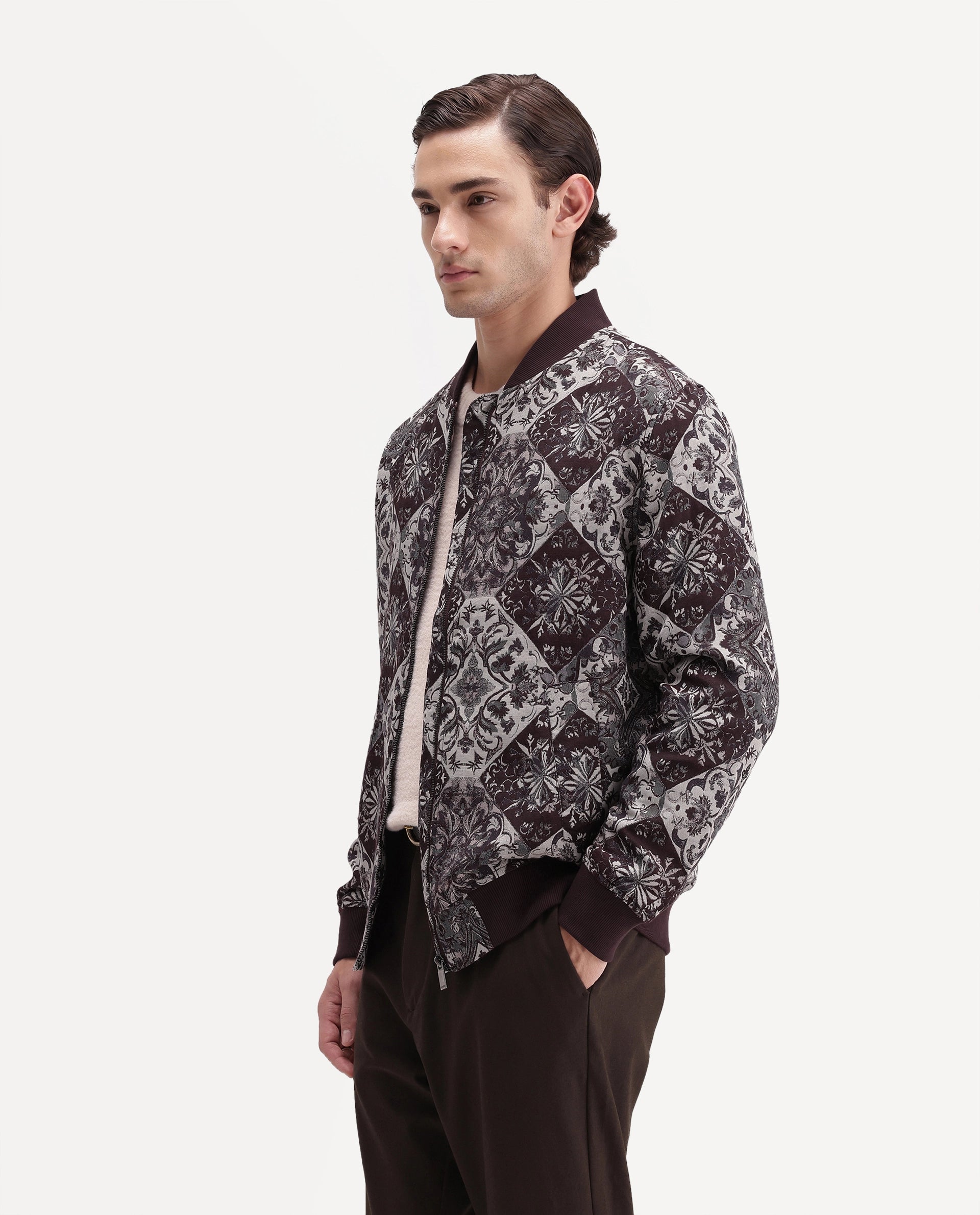 Rare Rabbit Men's Eros Maroon Cotton Blend Stand Collar Regular Jacquard Jacket