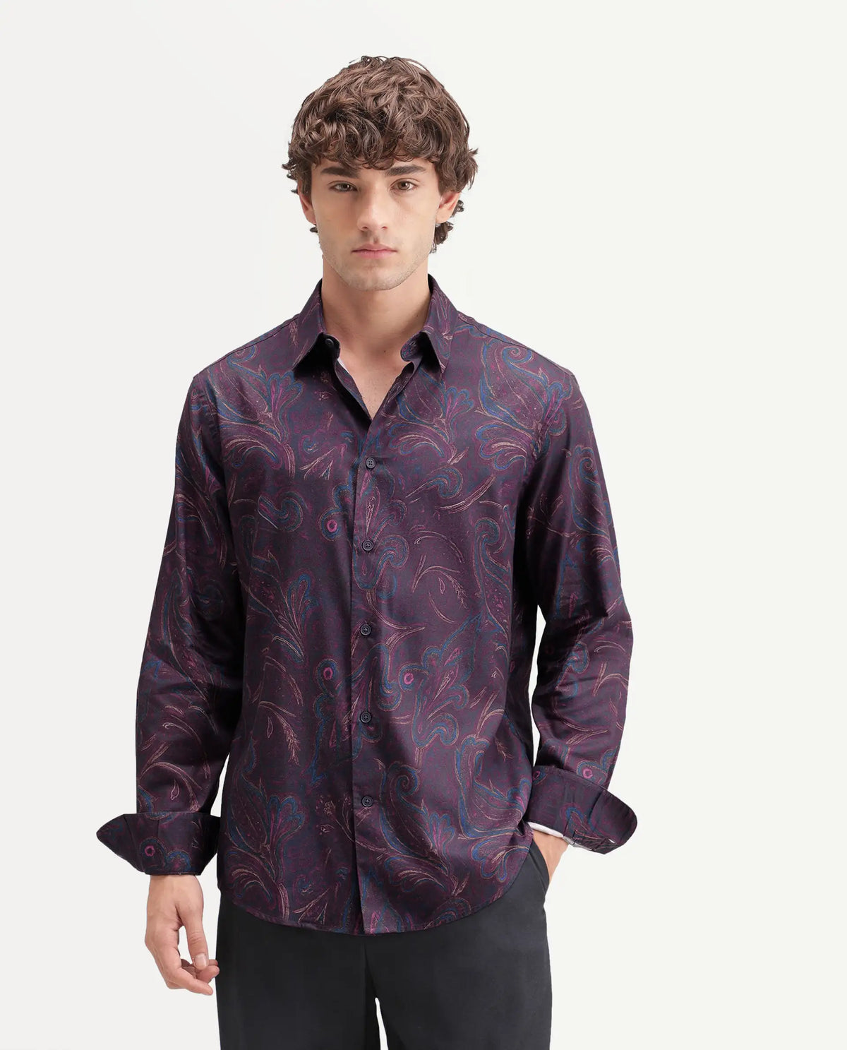 Rare Rabbit Men's Brot Purple Cotton Blend Spread Collar Regular Paisley Print Shirt