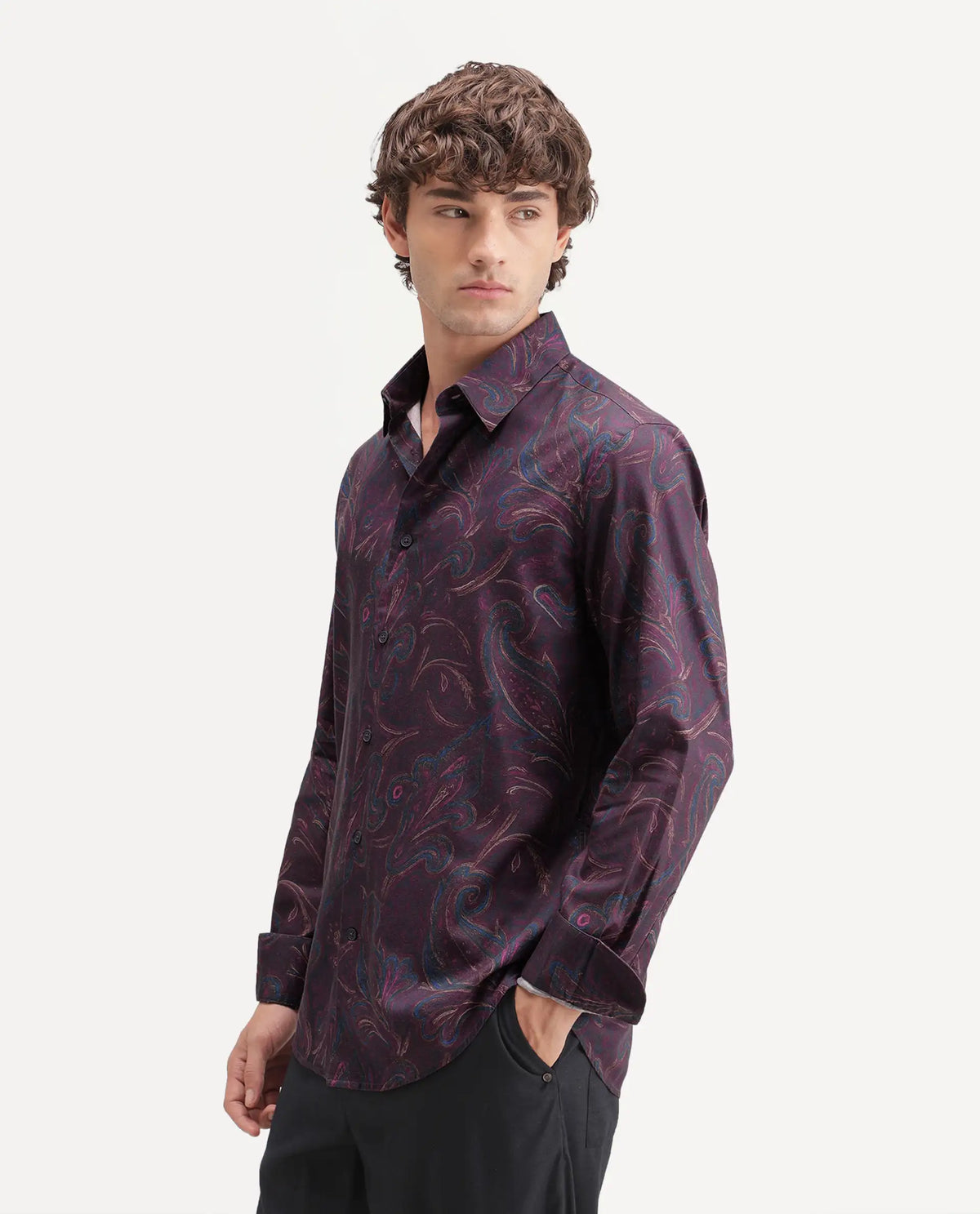 Rare Rabbit Men's Brot Purple Cotton Blend Spread Collar Regular Paisley Print Shirt