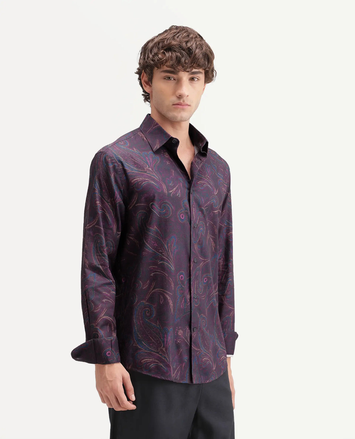 Rare Rabbit Men's Brot Purple Cotton Blend Spread Collar Regular Paisley Print Shirt