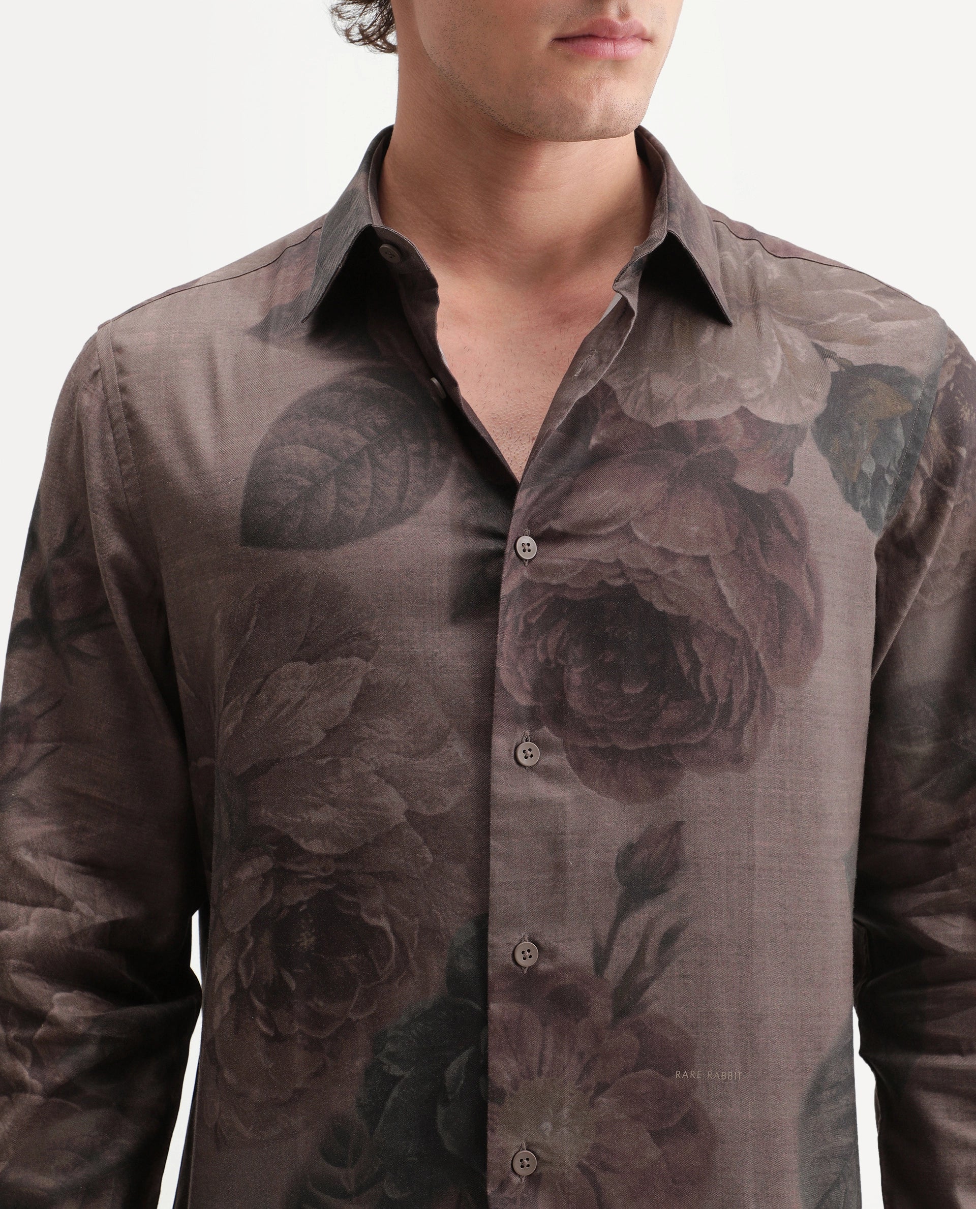 Rare Rabbit Men's Mace Light Brown Cotton Blend Spread Collar Regular Floral Print Shirt