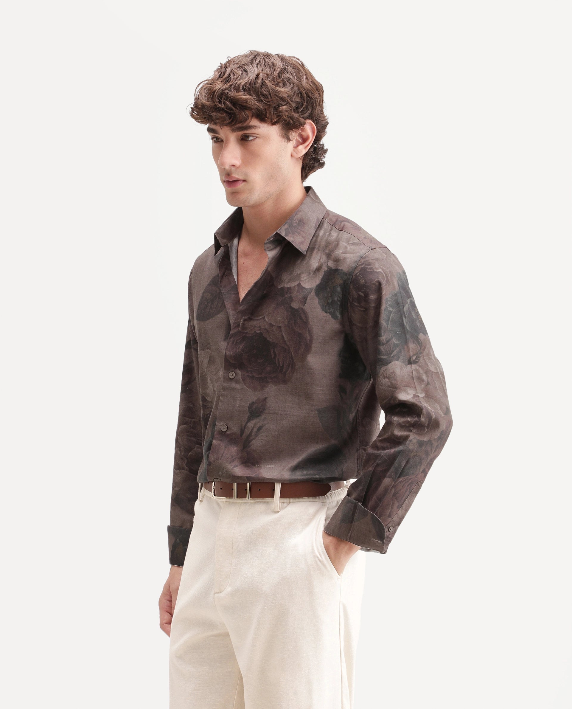 Rare Rabbit Men's Mace Light Brown Cotton Blend Spread Collar Regular Floral Print Shirt