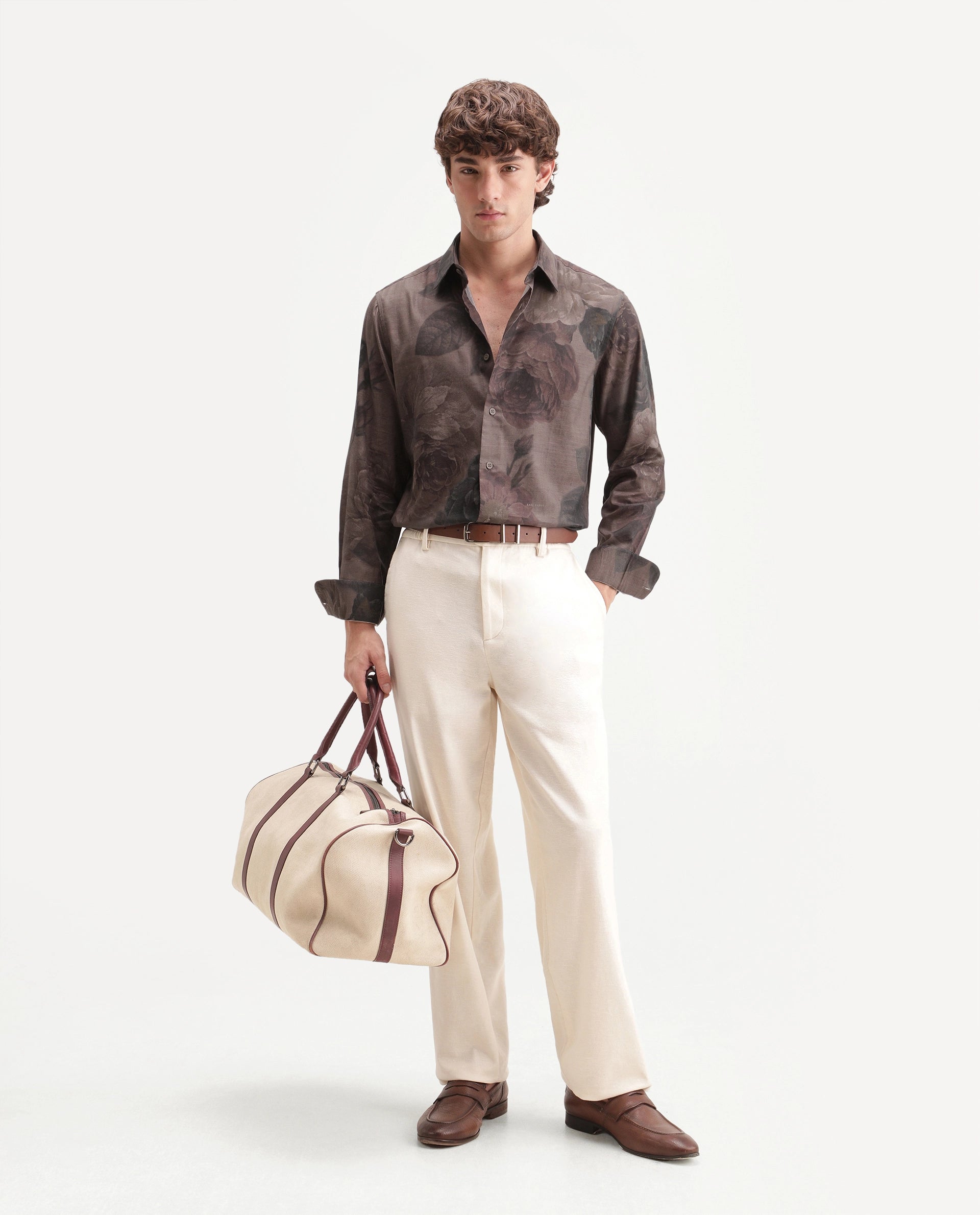 Rare Rabbit Men's Mace Light Brown Cotton Blend Spread Collar Regular Floral Print Shirt