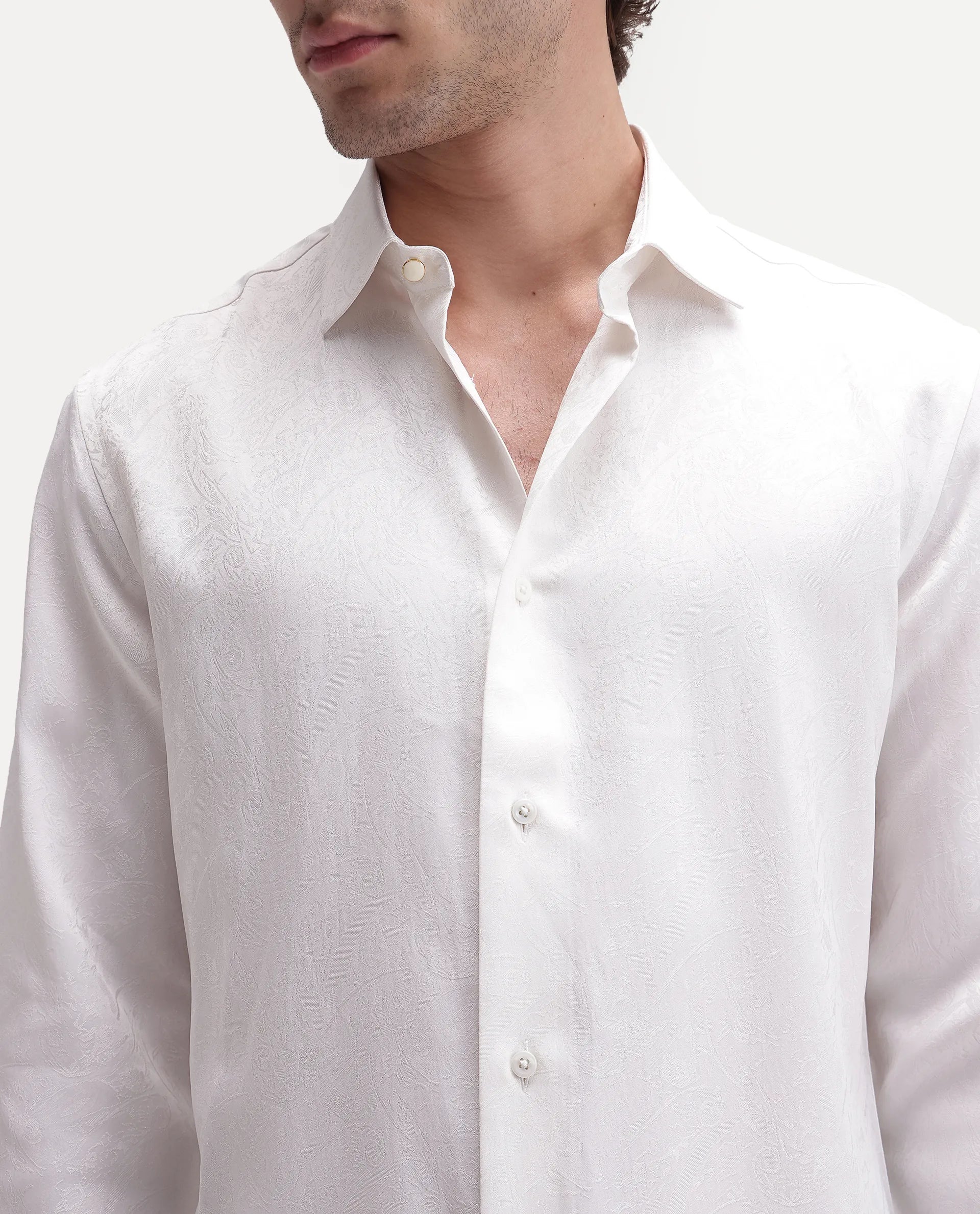 Rare Rabbit Men's Silo White Polyester Blend Spread Collar Regular Jacquard Shirt
