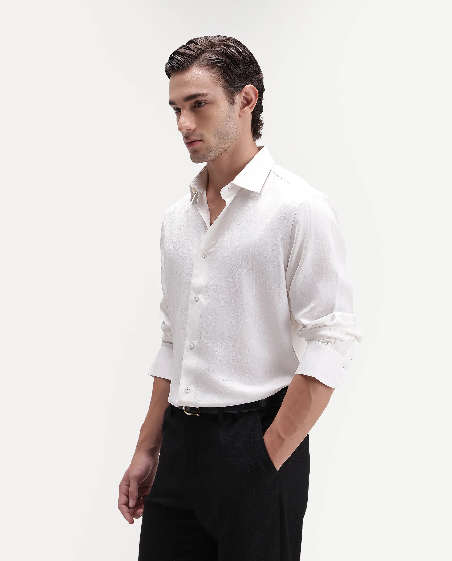 Rare Rabbit Men's Silo White Polyester Blend Spread Collar Regular Jacquard Shirt