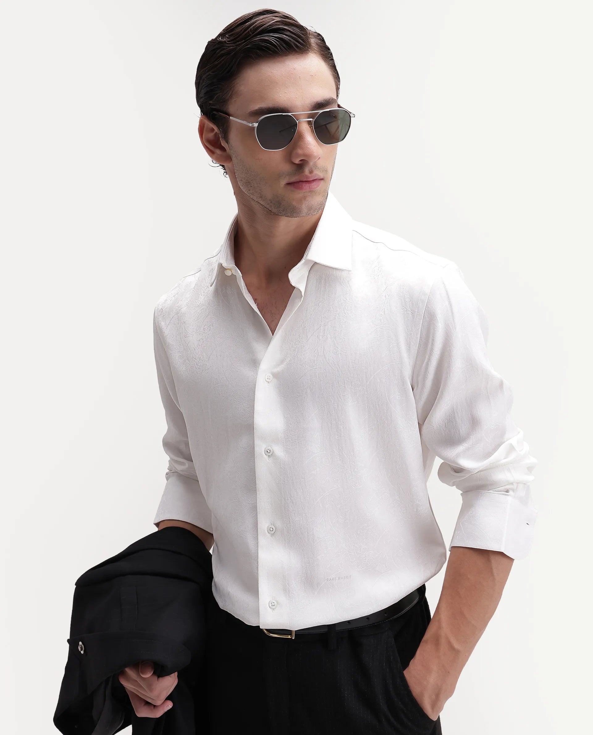 Rare Rabbit Men's Silo White Polyester Blend Spread Collar Regular Jacquard Shirt