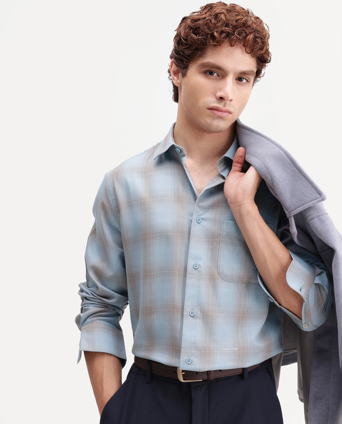Rare Rabbit Men's Aer Dusky Blue Cotton Blend Spread Collar Regular Checked Shirt